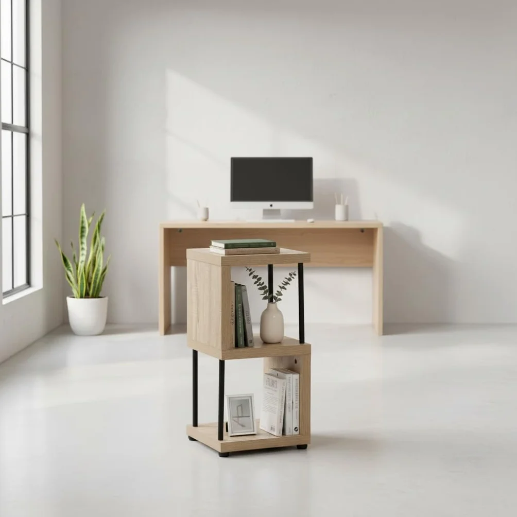 Estantería de Madera y Metal 2 Cubos 30x30x60 cm Roble y Negro, Mueble Auxiliar para Dormitorio