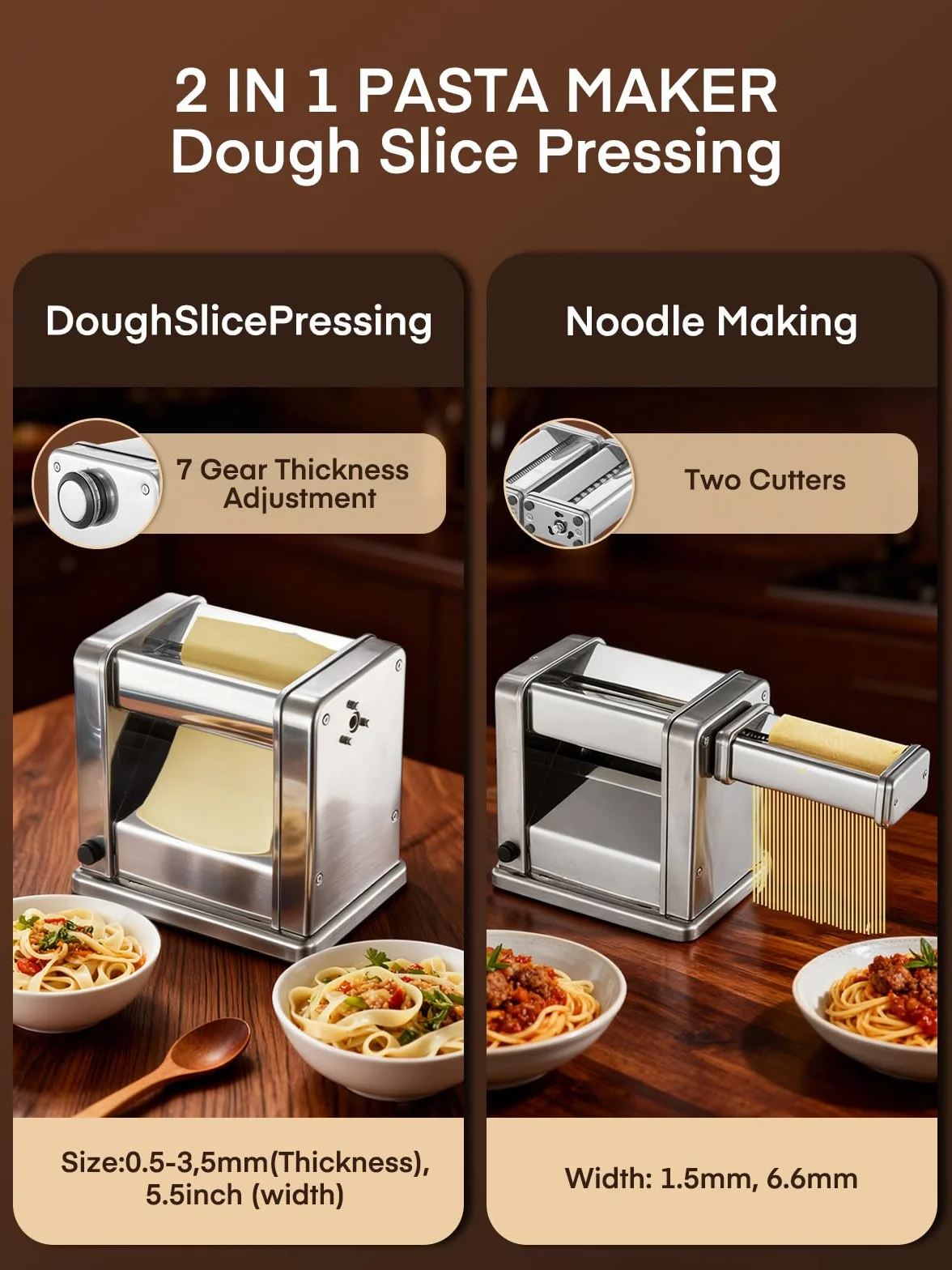 FOHERE Máquina de Pasta Fresca Eléctrica con 2 Cuchillas (1.5 mm/6.6 mm) y 7 Grosores Ajustables de 0.5-3 mm, Acero Inoxidable para Hacer Fideos Espaguetis Raviolis, Plata