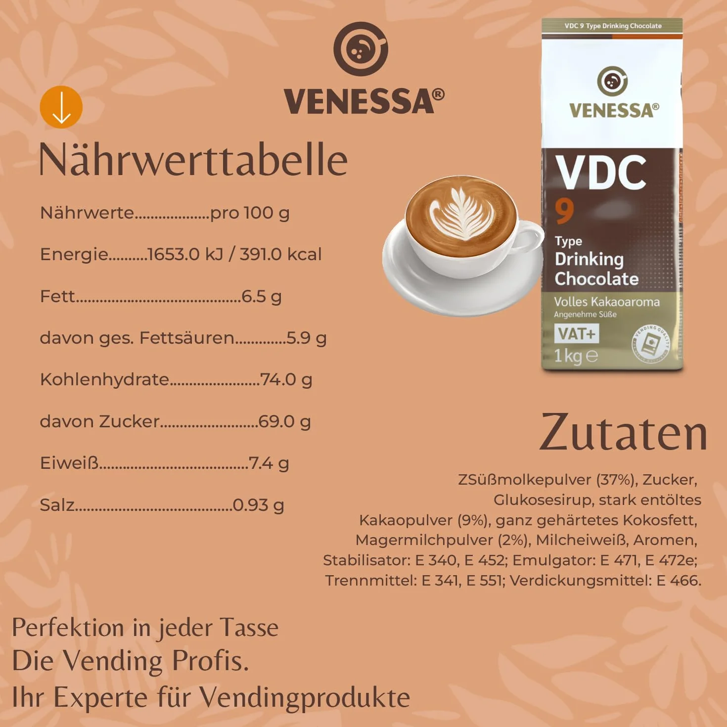 VENESSA VDC9 Chocolate para beber 2 x 1 kg Cacao en polvo 9% cacao premium Máquina expendedora