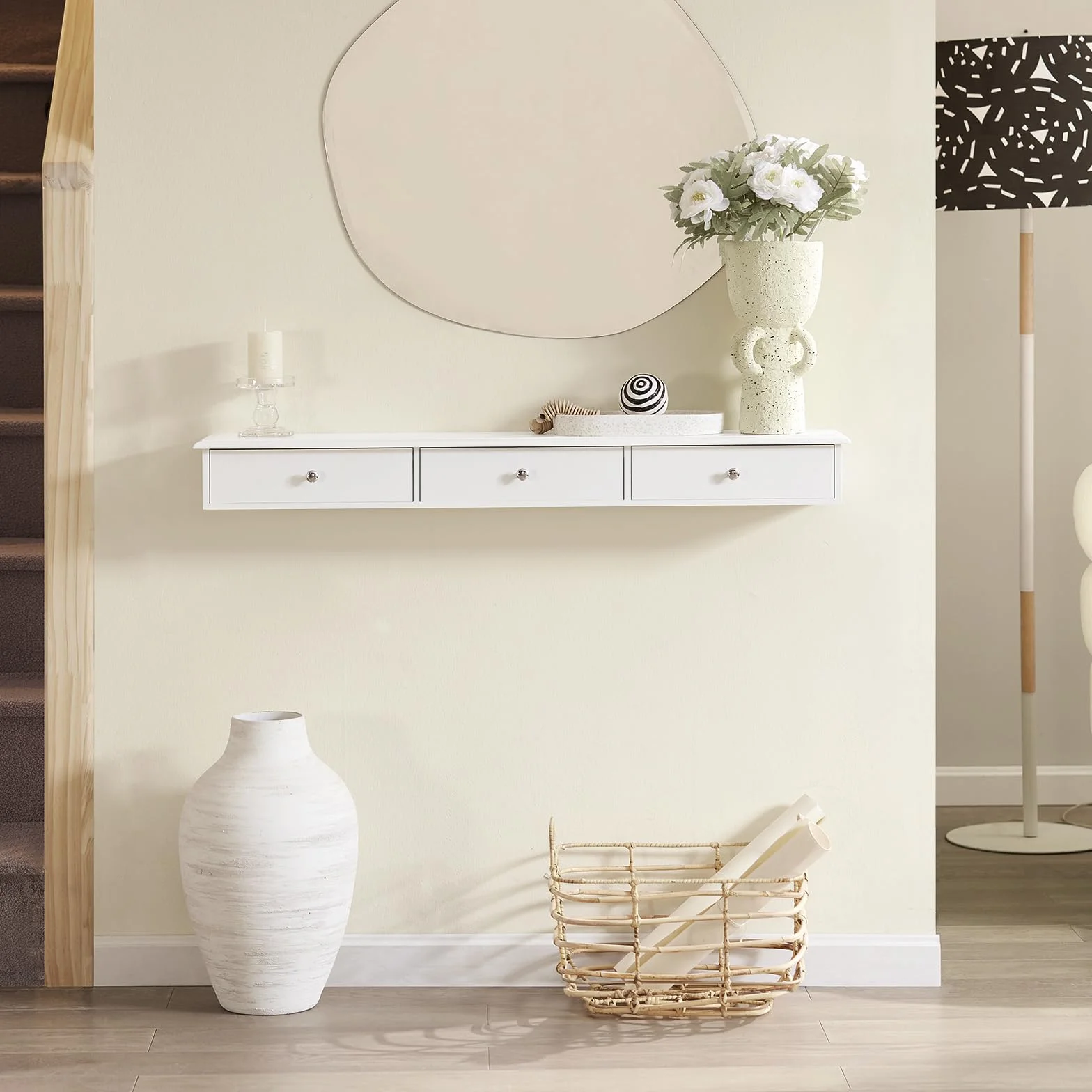 SoBuy Estante Flotante con 3 Cajones - Baldas Pared, Estantería Moderna para Entrada, Sala y Dormitorio - Blanco 94x15x10cm FRG43-L-W