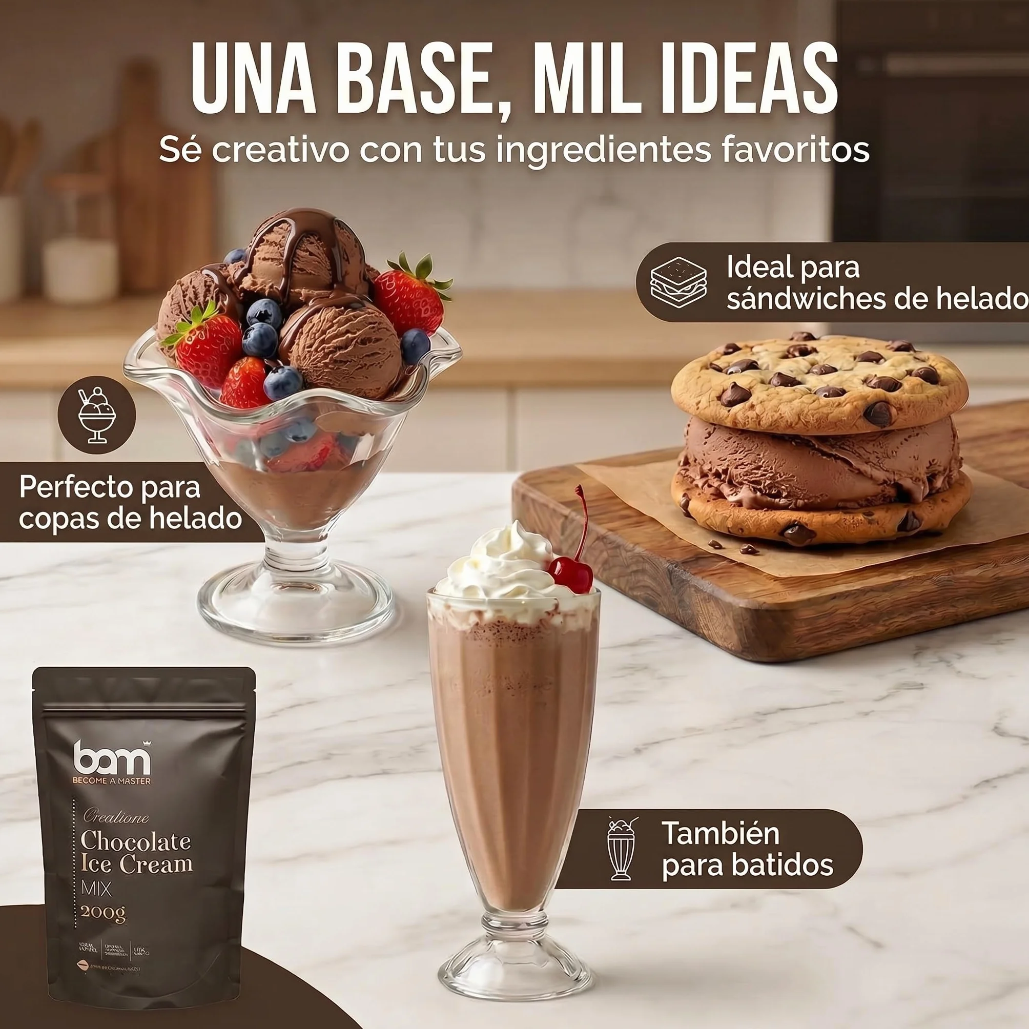 BAM Mezcla para Helado de Chocolate Cremoso 200 g Preparado Casero sin Máquina