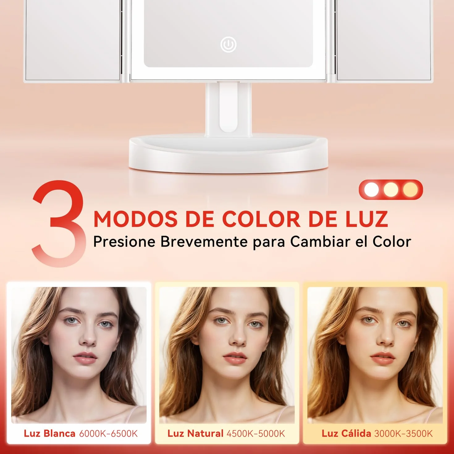 Auxmir Espejo Maquillaje con Luz 2000mAh Recargable 10X Aumento Tríptico 68 Leds Brillo Regulable 180° Giratorio 3 Colores Luz USB