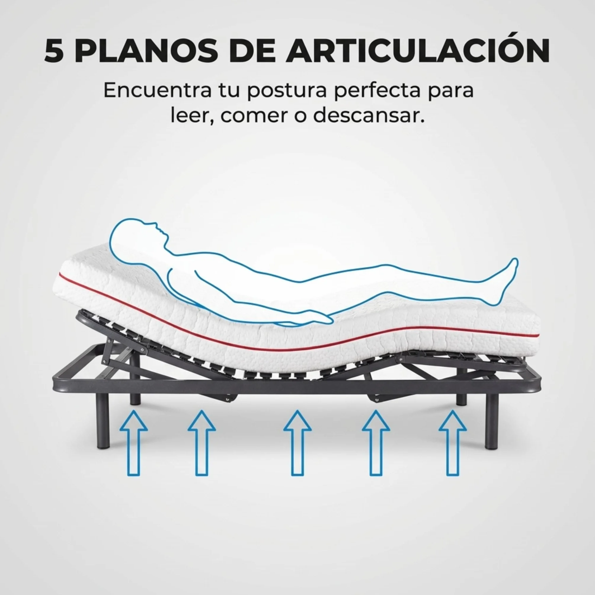 Cama Eléctrica Articulada 5 Planos 90x190 cm con Colchón Visco-Ergonomic | Somier Metálico Reforzado con Regulación Lumbar | Incluye Arquillos Laterales Sujeta Colchón