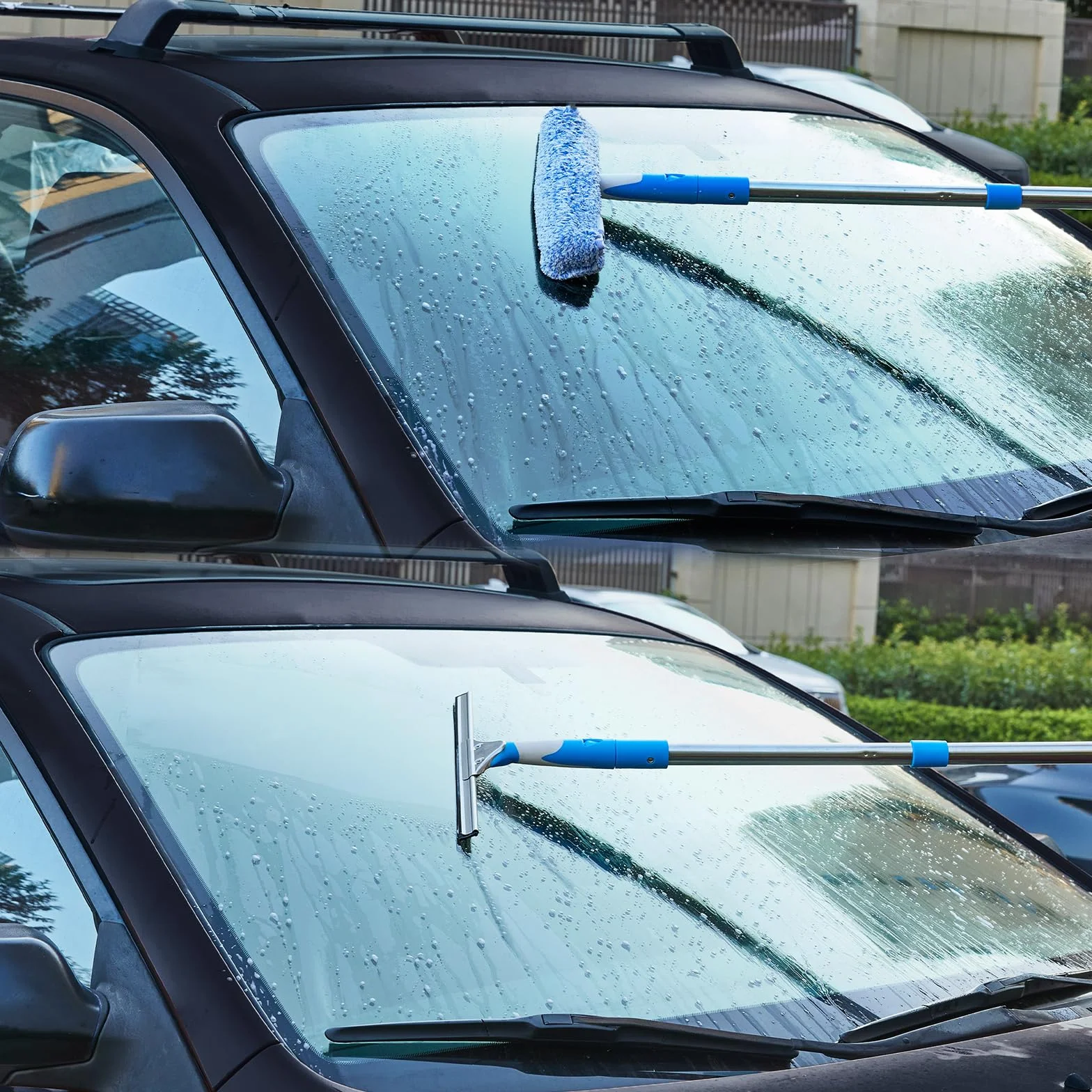 Mitclear Limpiacristales con Mango Extensible(196cm), Limpiador de Ventanas con Escobilla de Silicona & Paños de Microfibra, Kit de Limpieza de Cristales para Espejos Azulejos Coche Ducha Cristal
