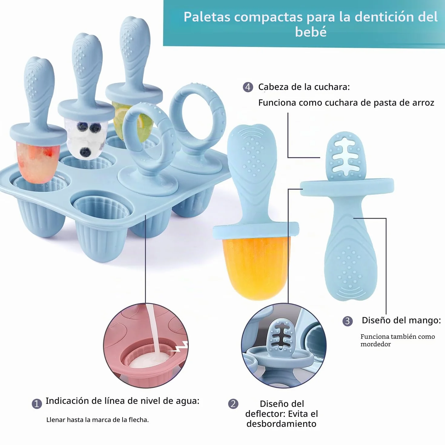 Molde Helado para Bebé, 6X 17ml Mini Moldes Helados con Palos Dentición, Silicona Libre de BPA