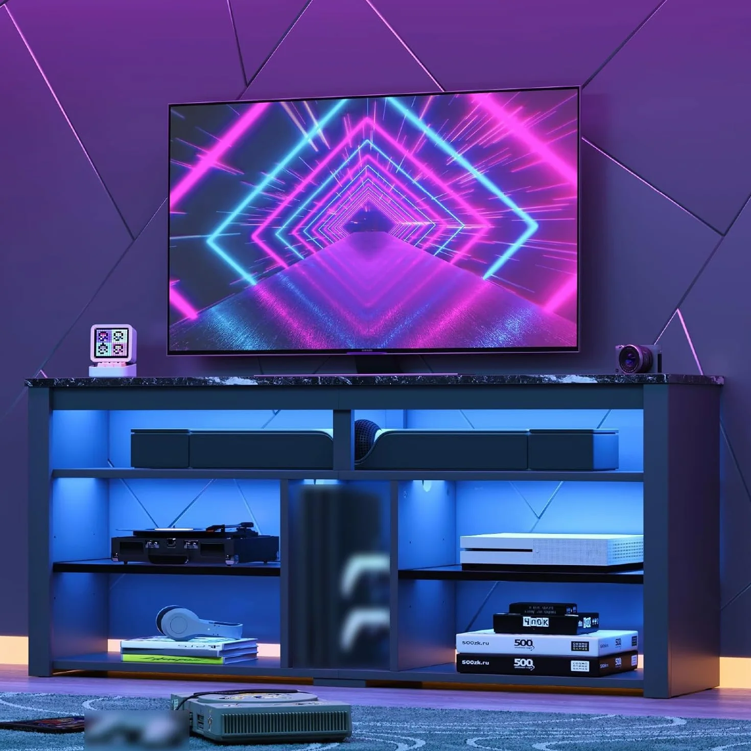 Bestier Mueble de TV Alto para televisores de 65", Soporte para TV con Almacenamiento para PS5, Consola de TV LED con Estante Ajustable para Sala de Estar, mármol Negro