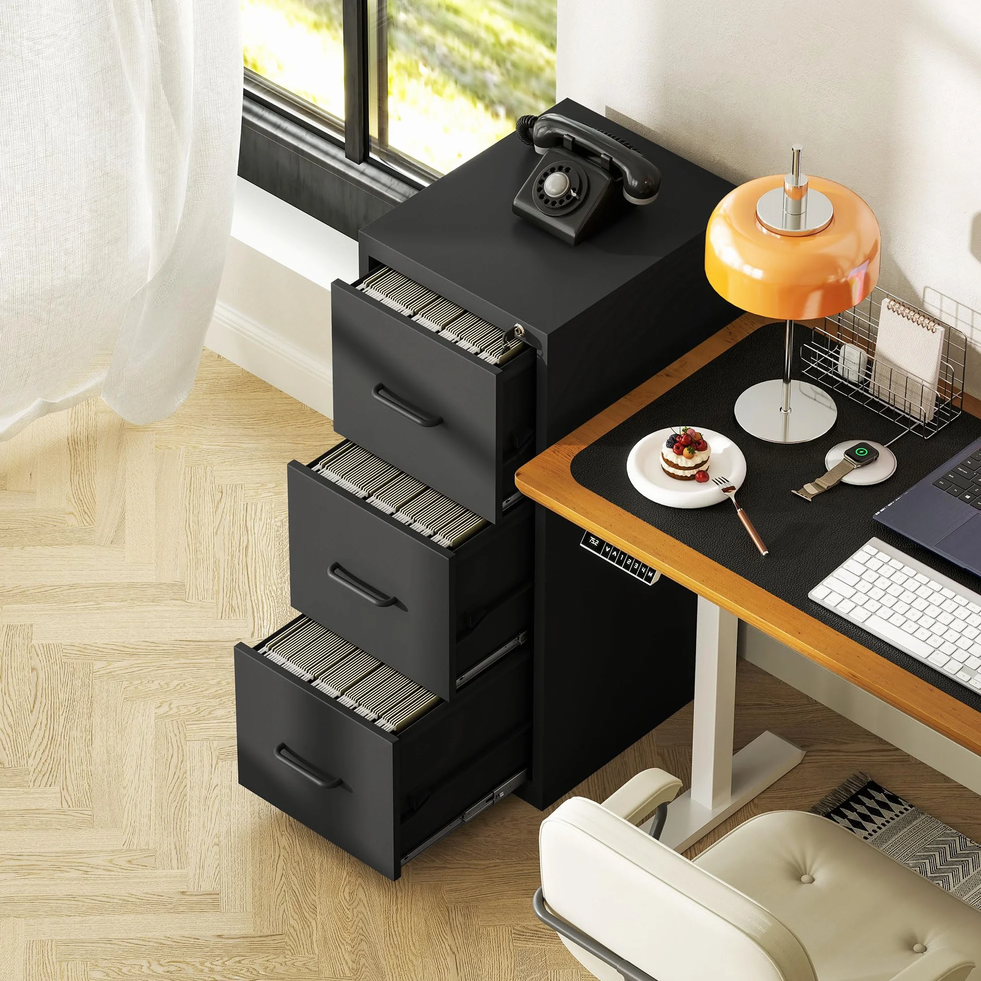 HOMCOM Archivador de 3 Cajones con Barra Ajustable de Acero para Oficina, Ideal para el Hogar y el Estudio, 36,5x46,2x99 cm, Negro