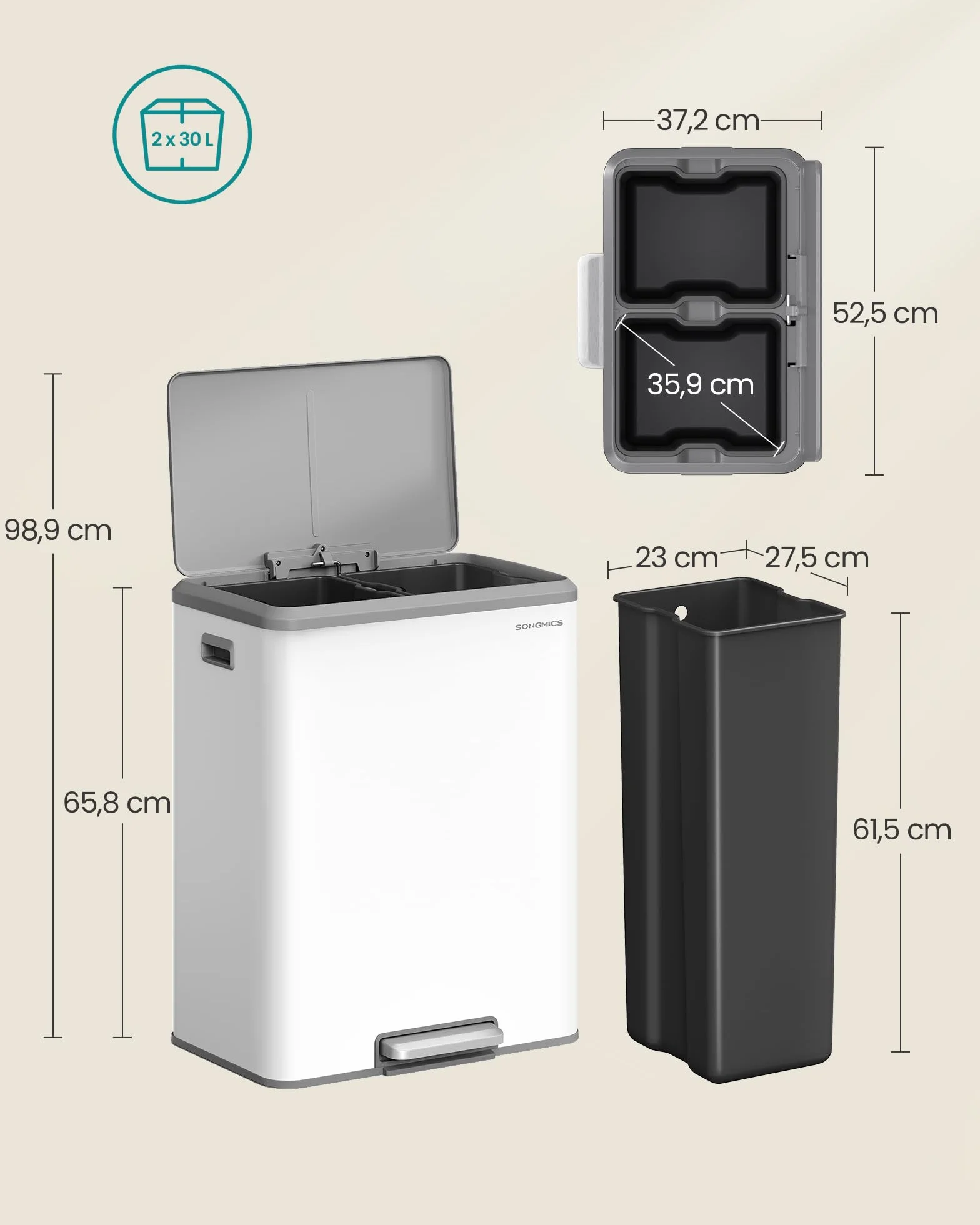 SONGMICS Papelera de Cocina, 2 x 30 L Cubo Doble para Reciclaje y Basura, Cubos Interiores, Acero, Tapa de Cierre Suave, Pedal Ancho y Robusto, Blanco Nube LTB556W02