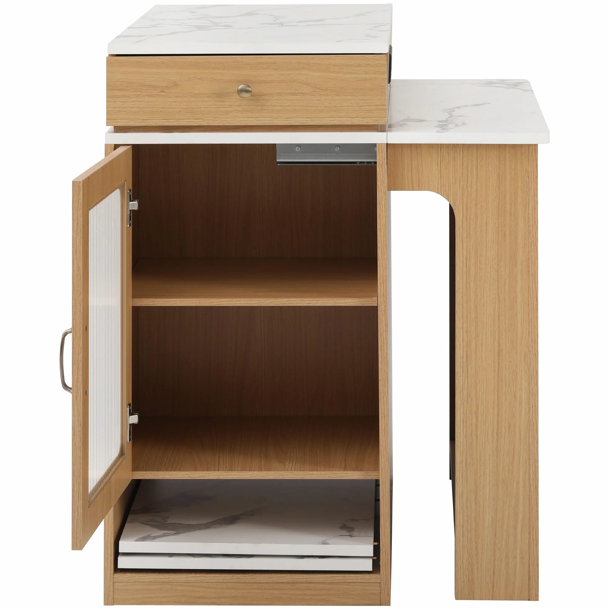 Kebnor Isla de Cocina con Ruedas, Mesa de Comedor Extensible con Tablero Desmontable, Mesa de Bar con Regletas de Enchufes, Sirve como Aparador o Alacena para Cocina y Sala