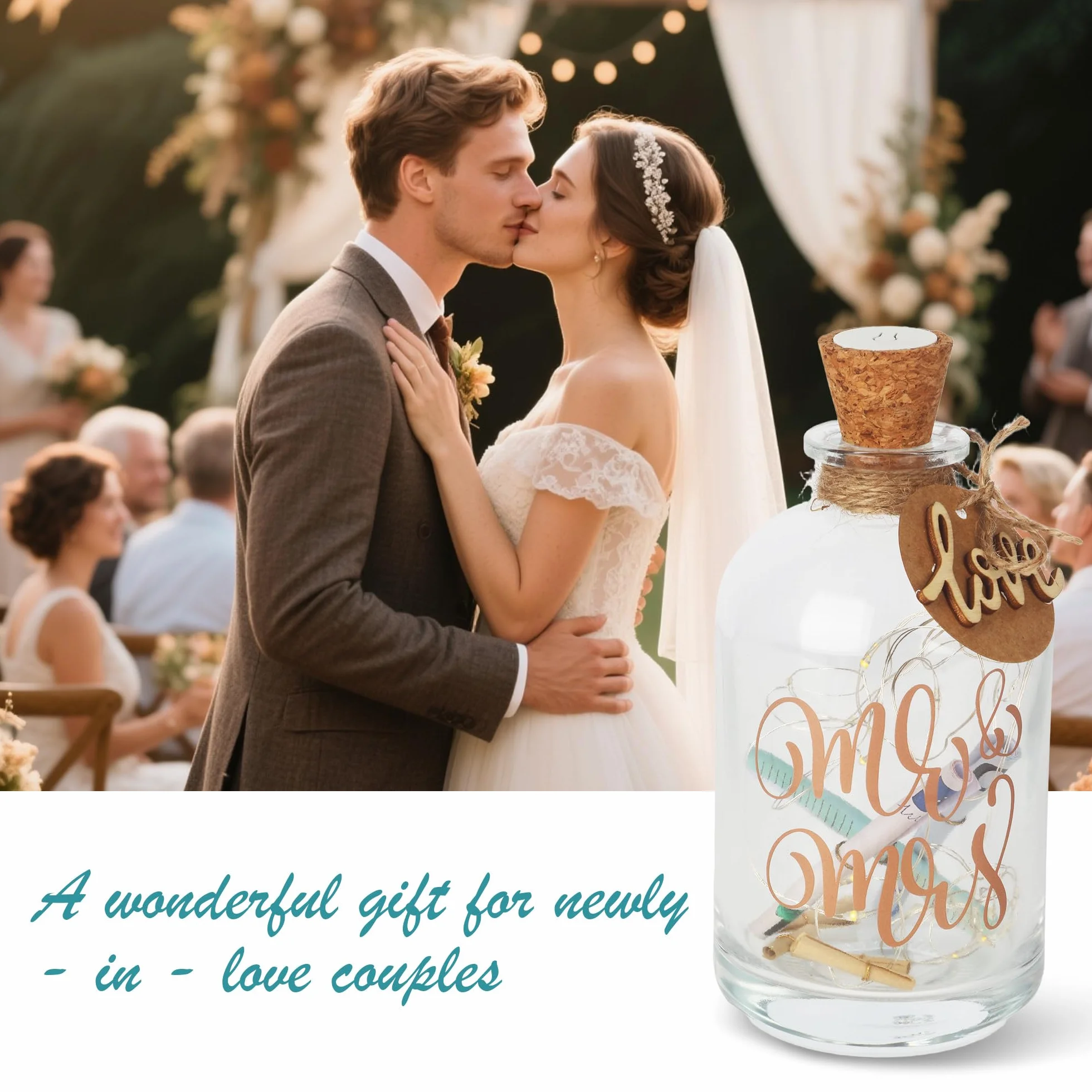Botella de Luz Led para Bodas, Regalo Novias Recién Casados, Hucha Cristal Guirnalda, Mr & Mrs.