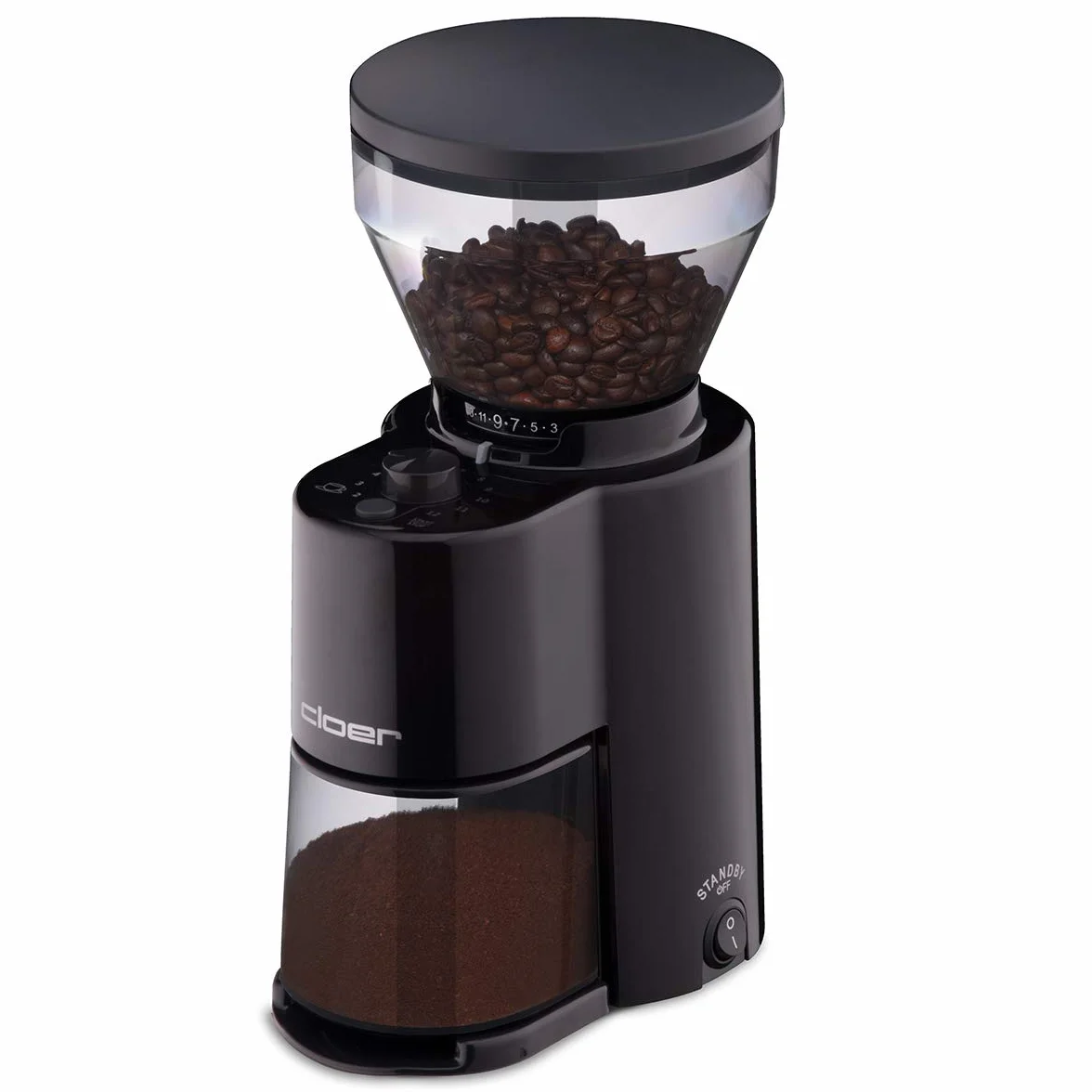 Cloer 7520 Molinillo de café eléctrico con amoladora de rebabas cónicas, 2-12 tazas, 300 g granos de café, 150 vatios, grado de molienda ajustable, negro
