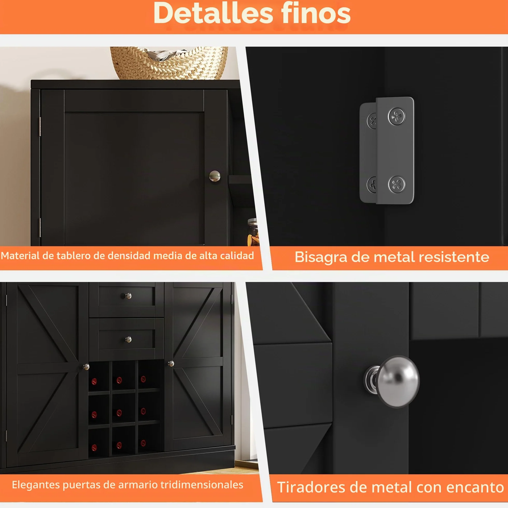 Armario alto de cocina de 188 cm con estantes ajustables, estantería para vino, armario alto de cocina buffet con 4 puertas, 2 cajones, aparador para cocina y salón, armario buffet (negro)