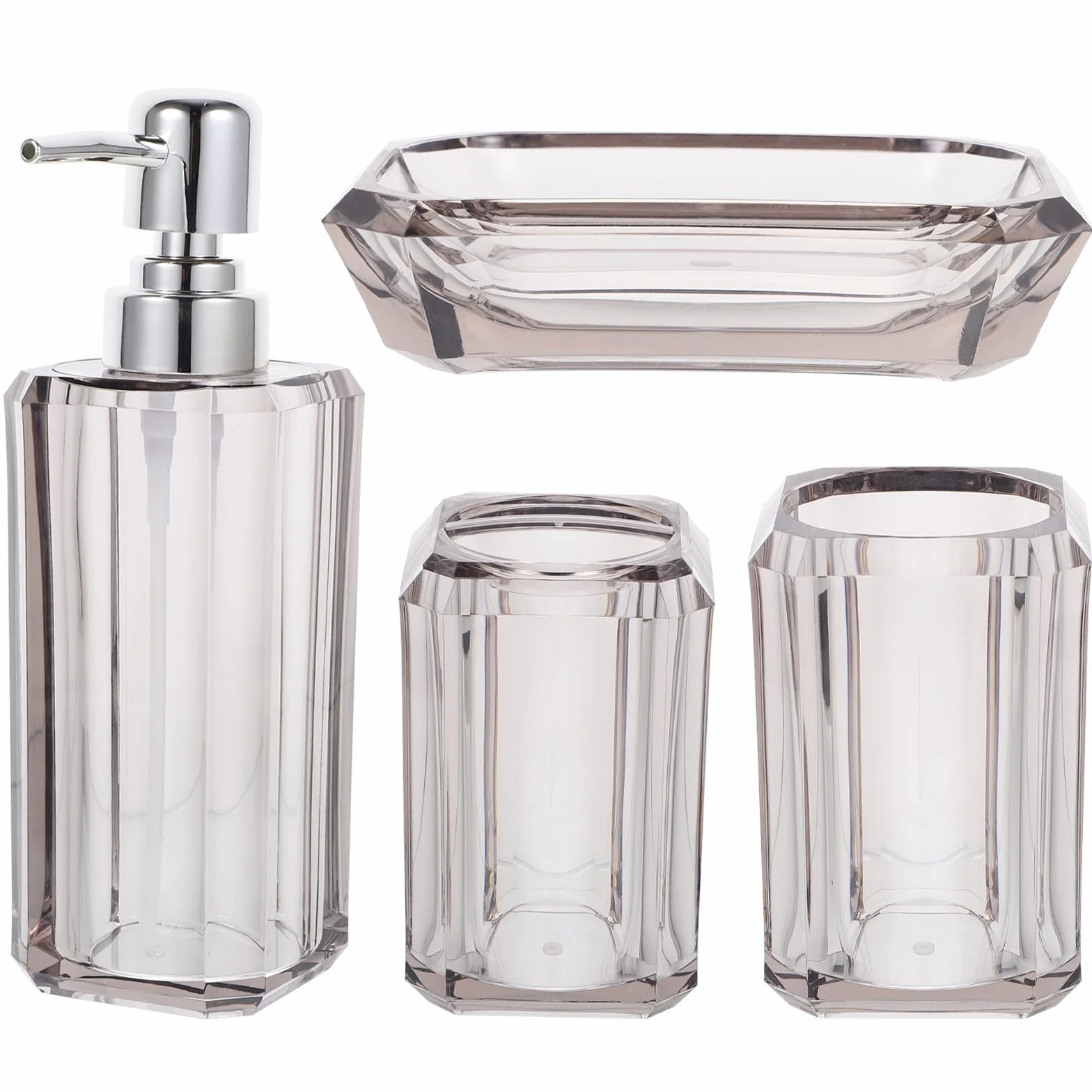 Veemoon Set de Accesorios de Baño Transparente de Acrílico Gris Juego de 4 Piezas Dispensador de Loción Soporte para Cepillos de Dientes Vaso Enjuague Bucal y Jabonera Adecuado para