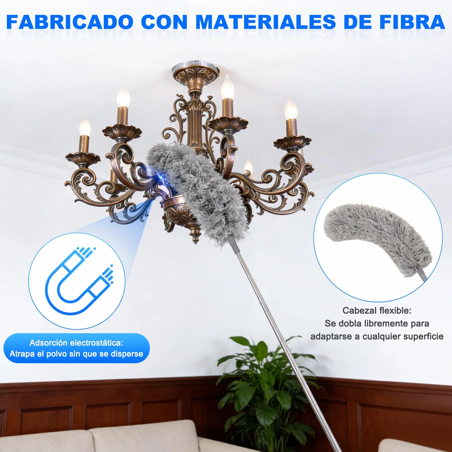 Plumero con Poste Telescópico Largo, 2 Cabezales de Microfibra Lavables, Herramienta de Limpieza Extensible para el Hogar