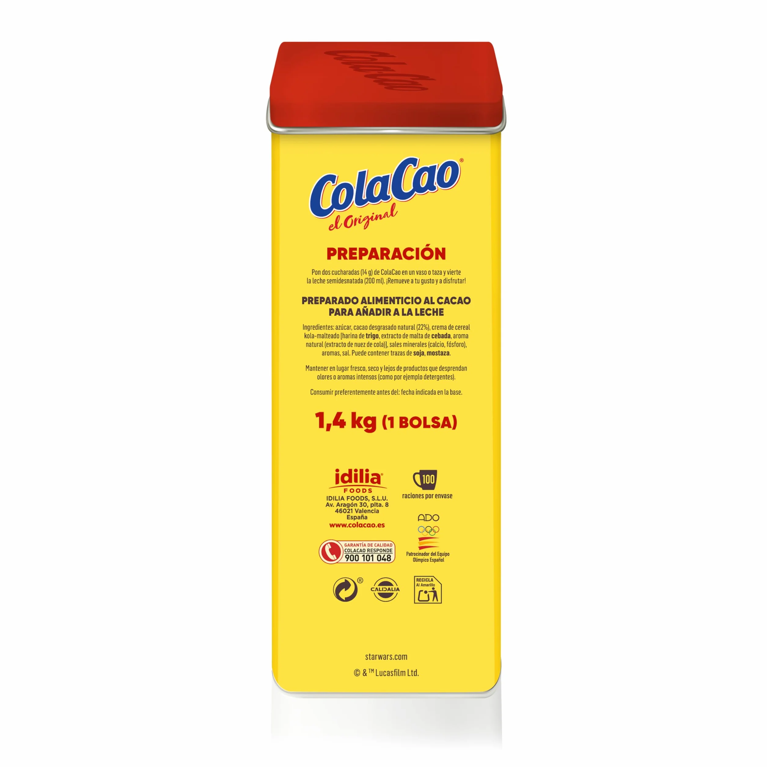 ColaCao Original Cacao Soluble Natural sin Aditivos 1,4kg Lata Edición Vintage