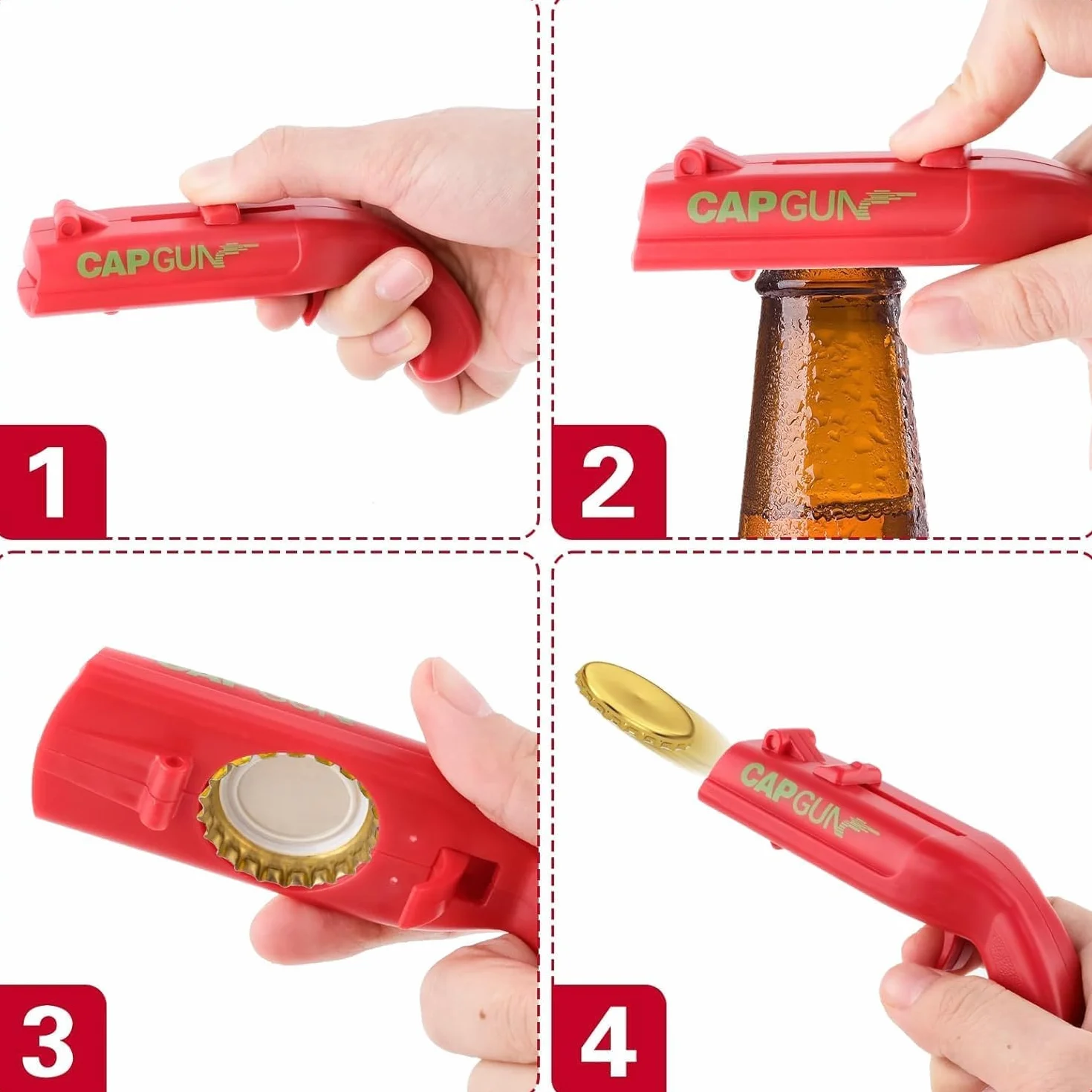 3PCS Abrebotellas, Abridor de Cerveza Divertidos, Abridor de Cerveza Botellas Cap Gun con Pistola para Fiestas en Casa, Barbacoa al Aire Libre, Juego Creativo, Regalo Divertido (Rojo+Gris+Negro)