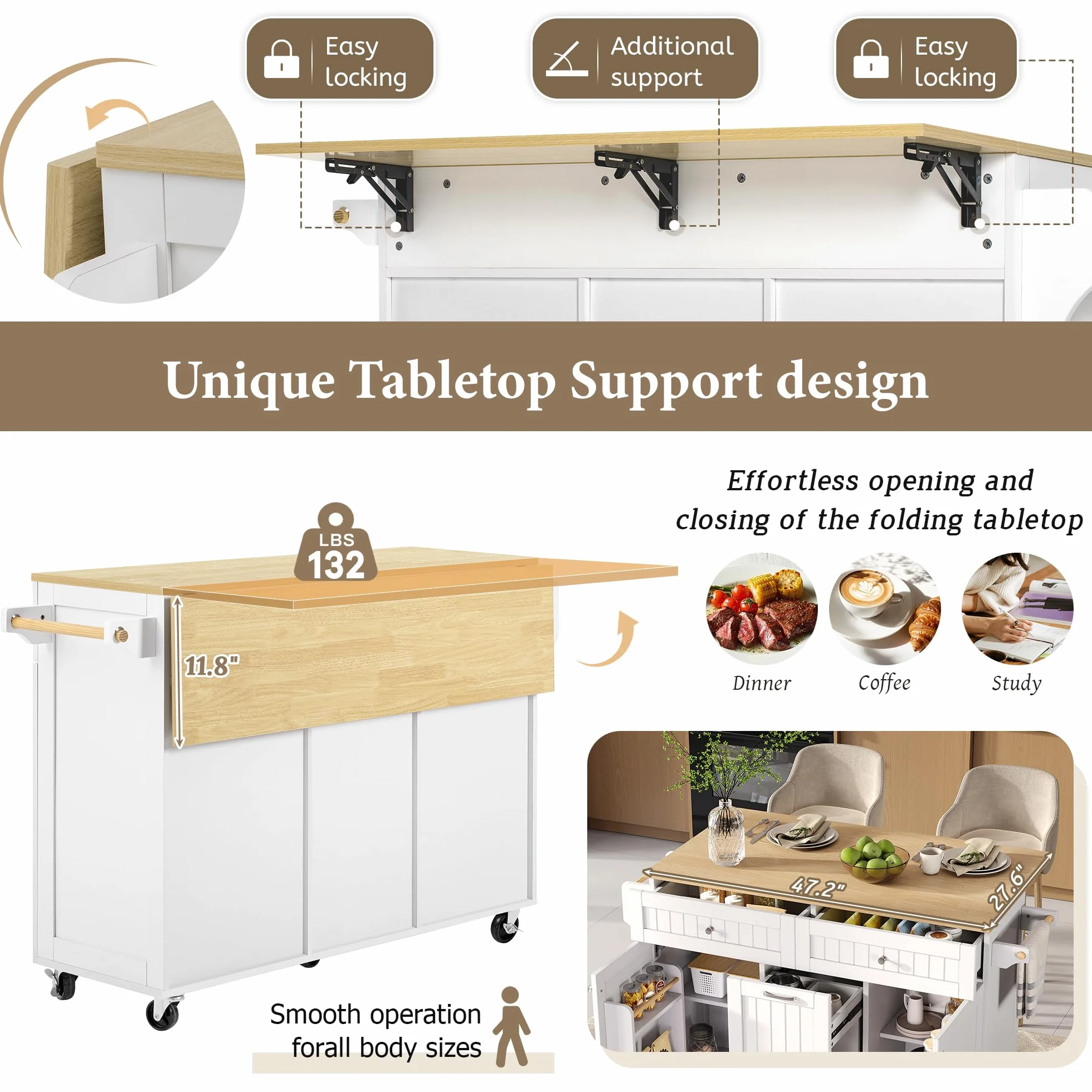Isla de cocina con ruedas, extensible para comedor, isla de cocina con cajones multifunción, ideal para cocina y comedor (blanco)