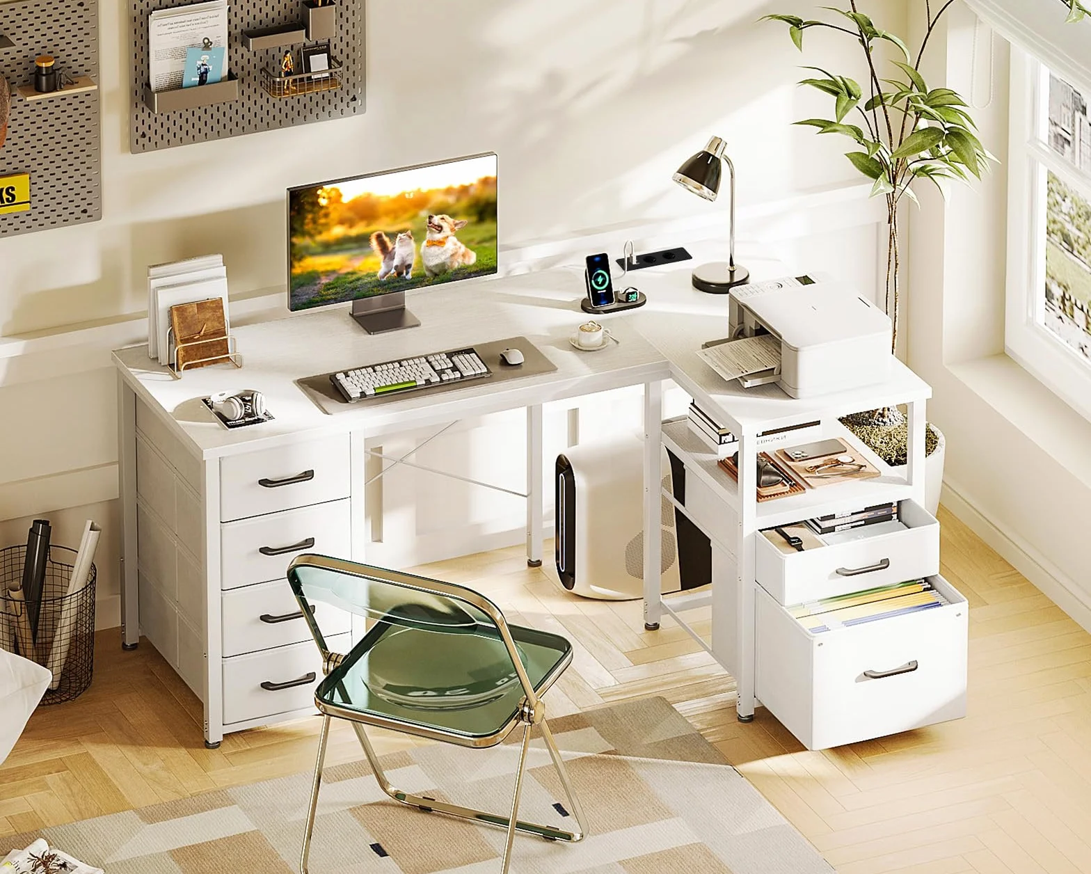 Coleshome Escritorio Esquinero con Cajones de Tela, 140x80cm Reversible Escritorio en L con Cajón para Archivos, Mesa Escritorio para con Puerto de Carga USB y Toma de Corriente, Blanco