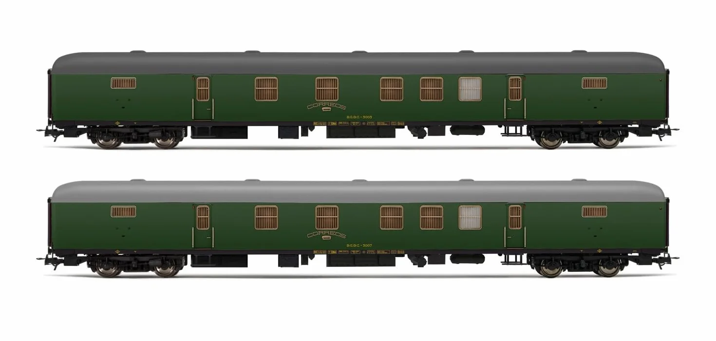 Electrotren HE4013 RENFE, Juego de 2 Unidades DGDC-3000 Furgoneta Postal, Librea Verde Oliva, Época IV Escala 1:87 Calibre HO Hornby Hobbies Material Rodante de Pasajeros-Autocares, Varios
