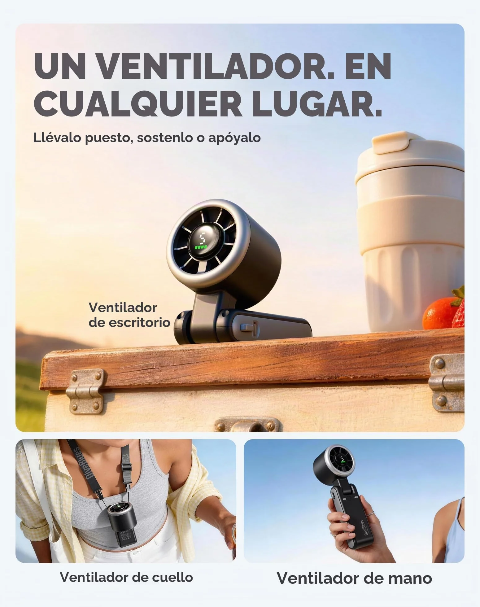 Diveblues Turbo Ventilador Portátil de Mano 10m/s 5 Velocidades Batería Recargable 12h Mini Ventilador Negro