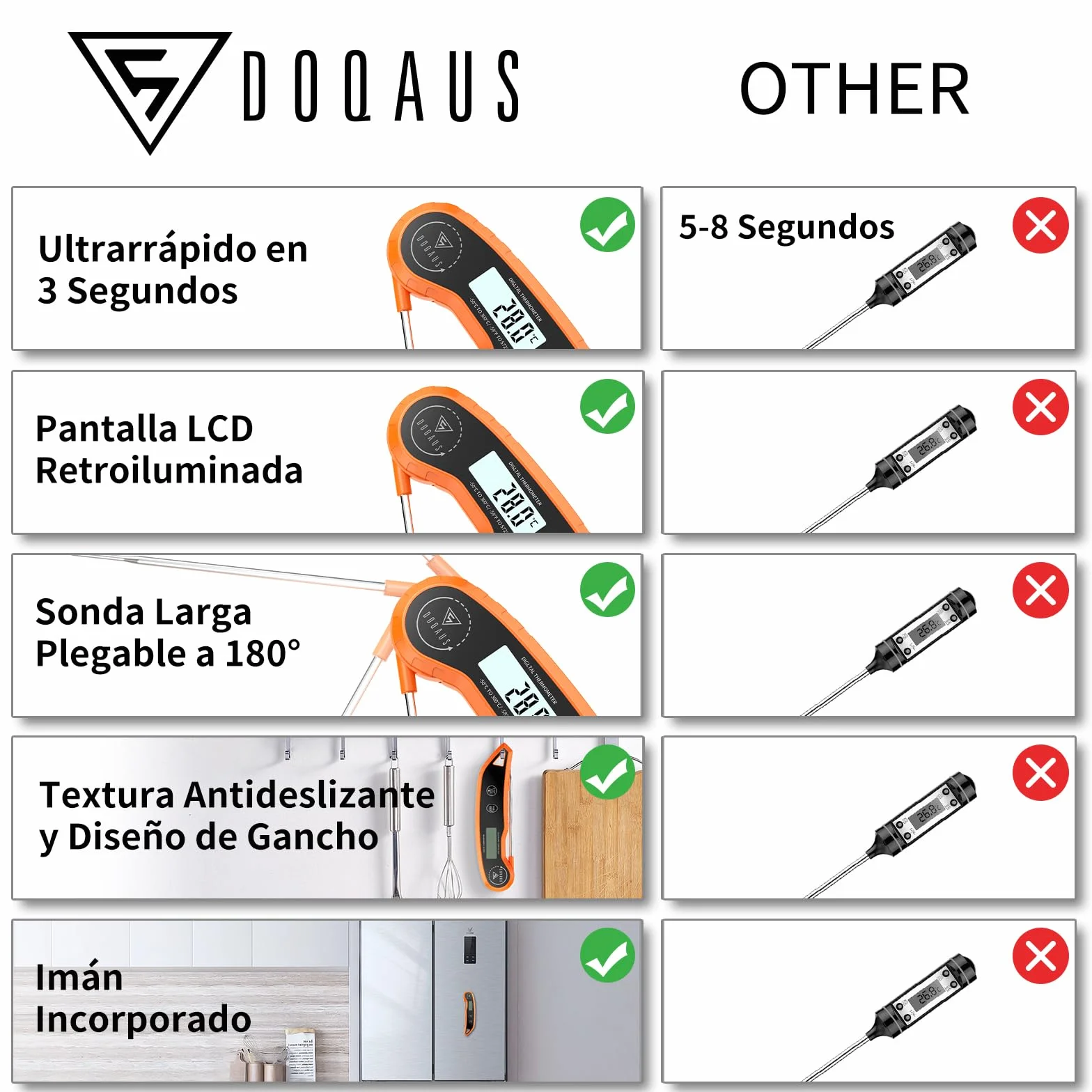 DOQAUS Termometro Cocina, Termometro Digital Cocina, 3 Segundos Lectura Rápida, Precisión ±0,5℃, Pantalla LCD, Termómetros para Frigoríficos, Carne, BBQ, Horno, Aceite, Agua(Naranja)