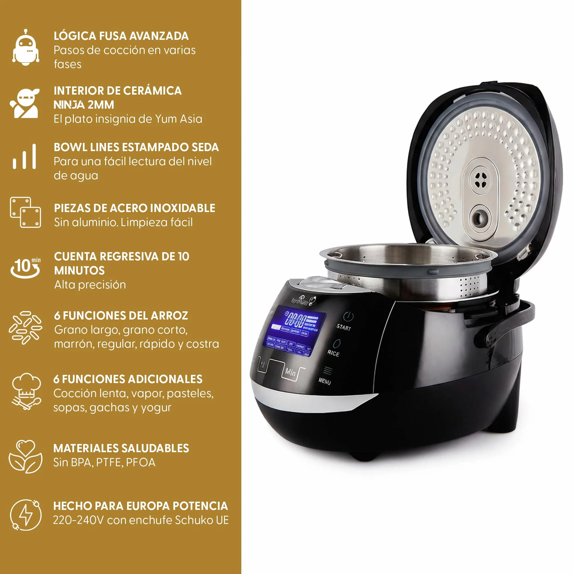Yum Asia Sakura Olla arrocera con cuenco de cerámica y lógica difusa avanzada (8 tazas, 1,5 litros) 6 funciones de cocción de arroz, 6 funciones de multicocina, pantalla LED Motouch, 220-240V EU