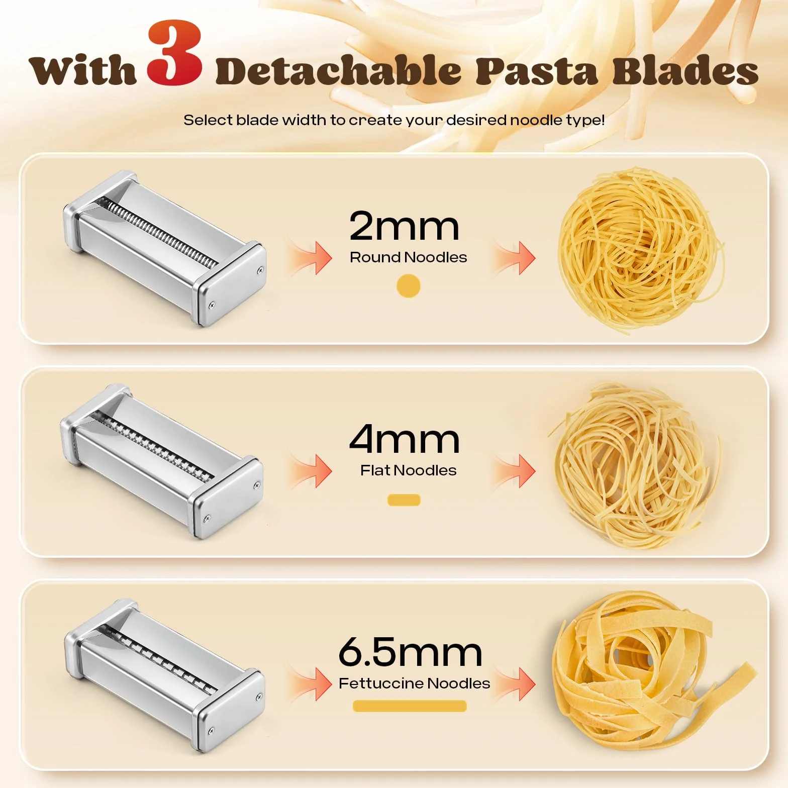 Moongiantgo Máquina de Pasta Eléctrica Laminadora de Masa Acero Inoxidable con Cortador de 2mm/4mm/6.5mm para Espaguetis, Ravioli, Ajuste de Espesor de 7 Velocidades para Uso Doméstico (3Cuchillas)