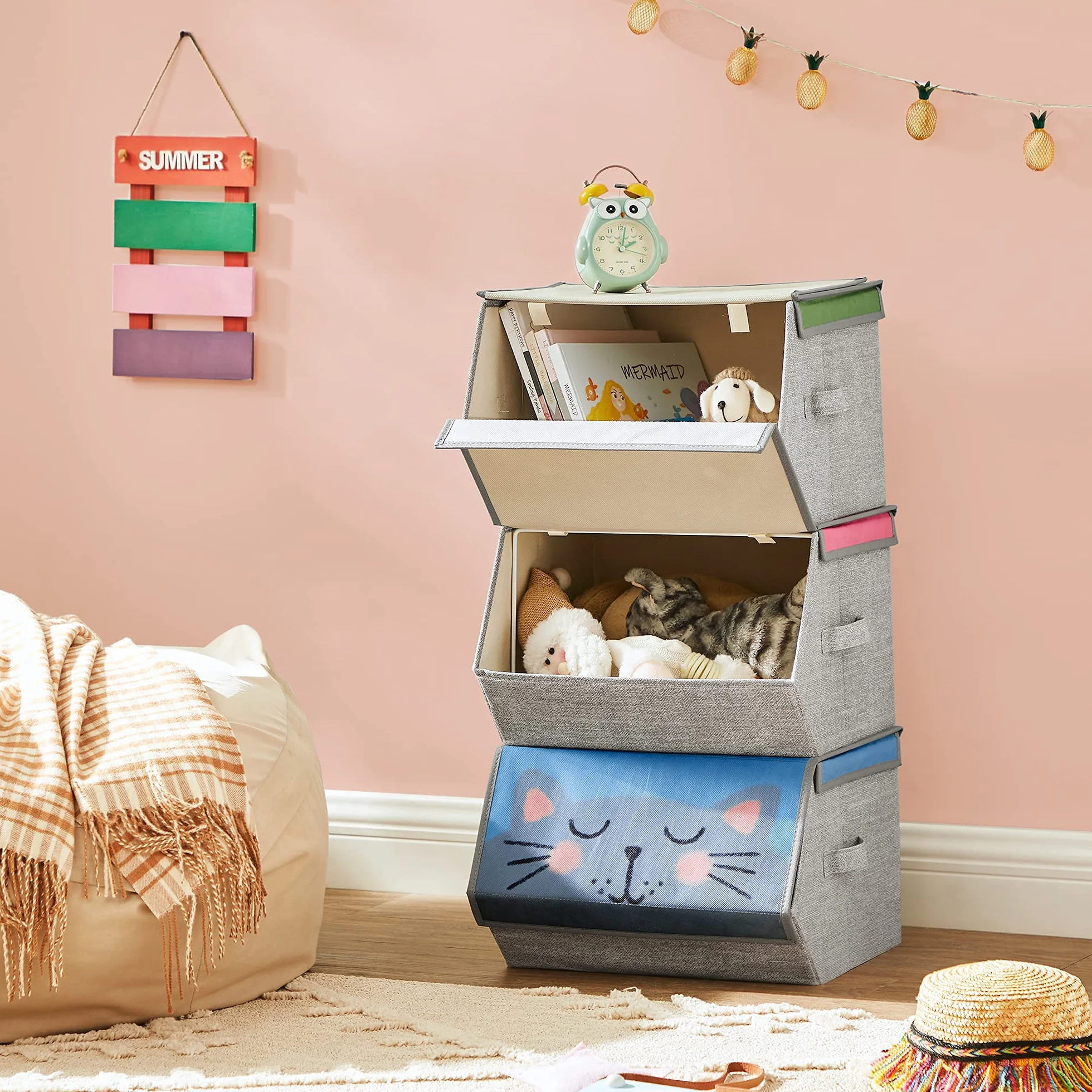 SONGMICS Caja Almacenaje Tela Infantil Plegable Juego 3 Apilables Asas Tapa Magnética Conejo Gato León Rosa Azul Verde Gris