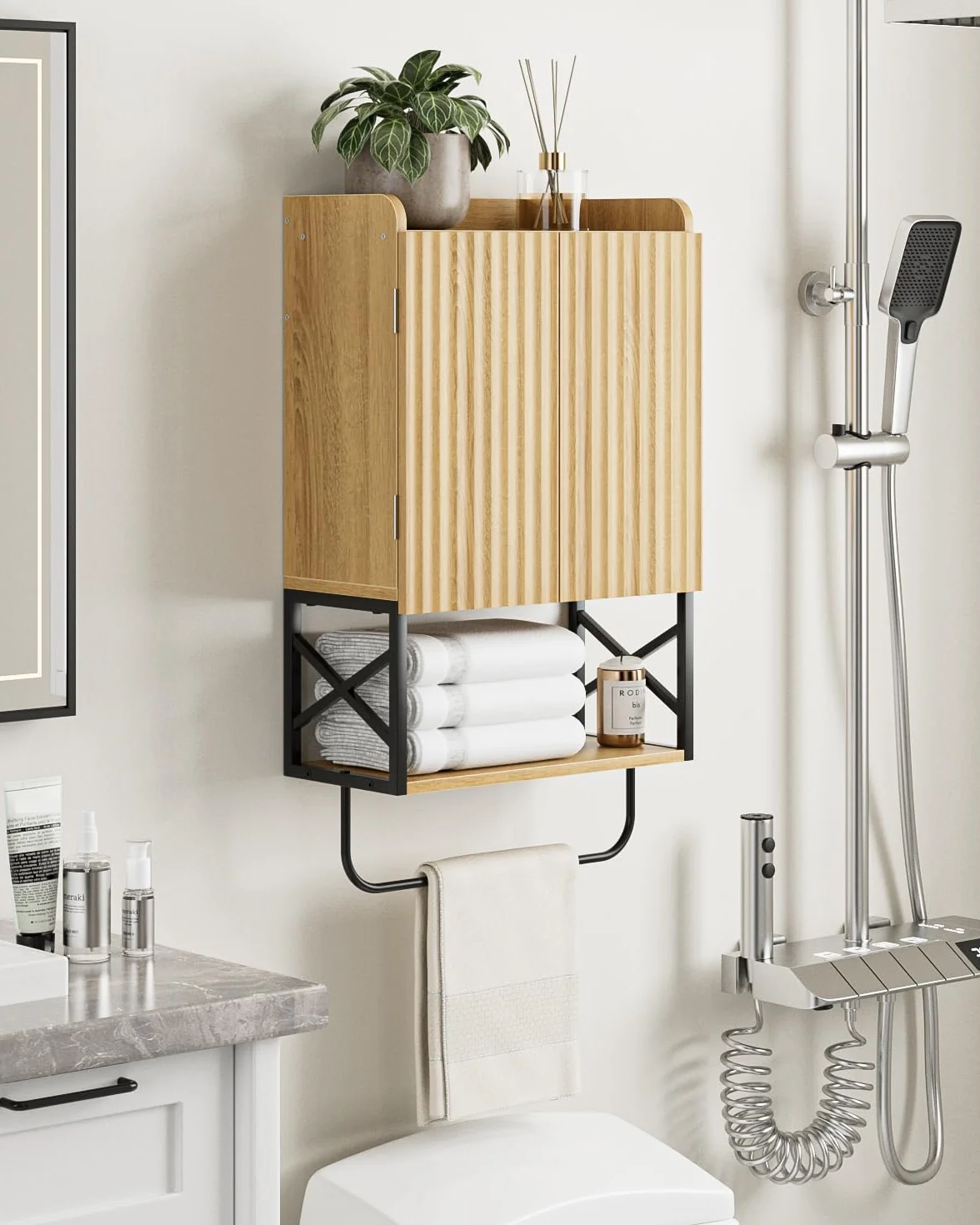 Armario de baño suspendido madera estantes ajustables mueble pared ahorra espacio roble moderno