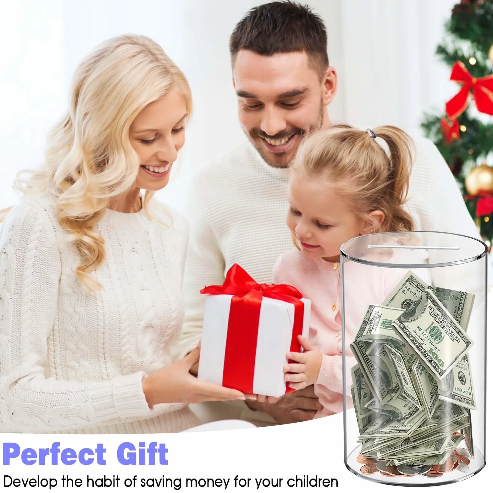 Hucha Transparente Ahorro 20 x 12 x 12cm Huchas de Acrílico para Billetes, Monedas, Hucha sin Apertura para Niños y Adultos, Regalos Creativos para Cumpleaños, Navidad, Fiesta, Boda