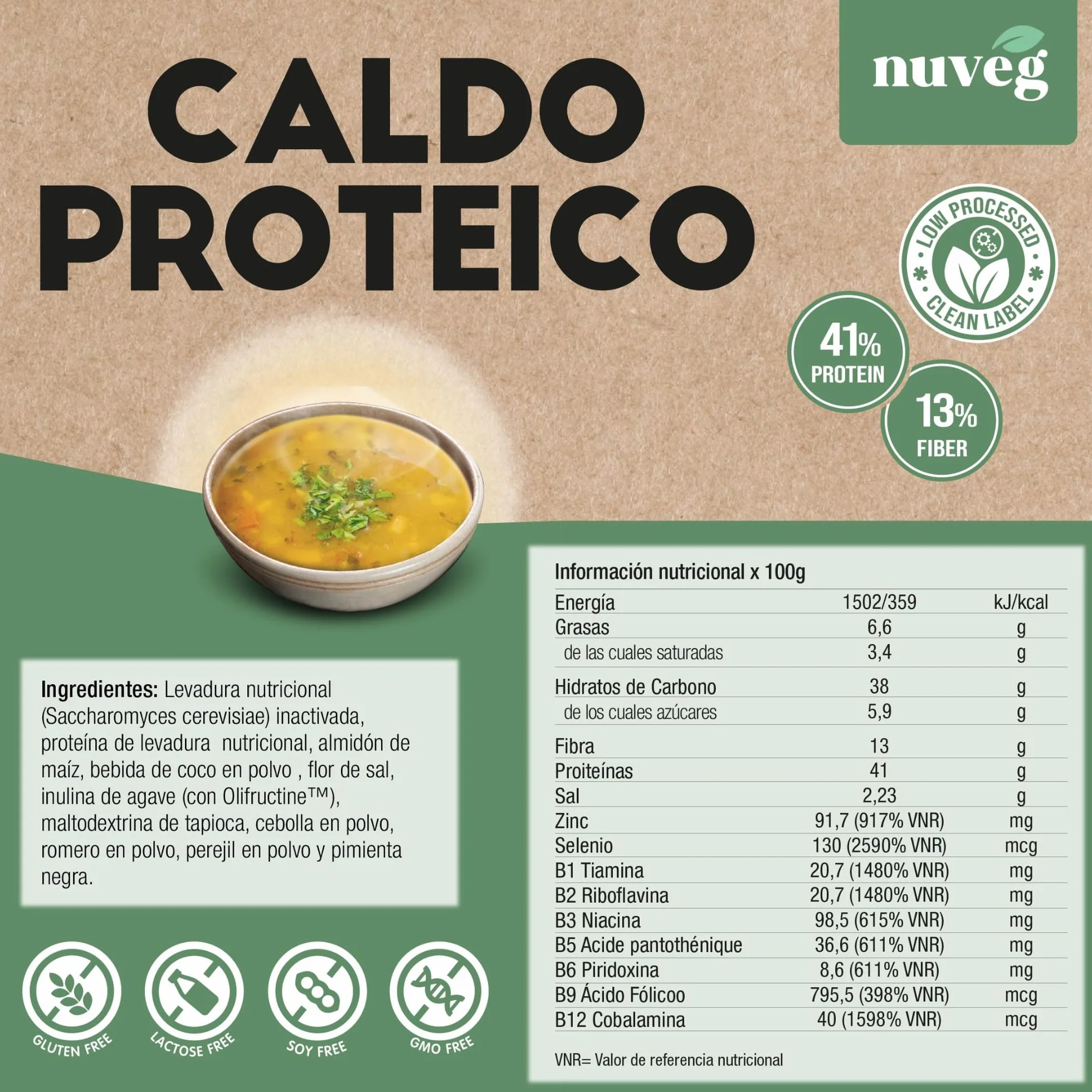 NUVEG Caldo Proteico en Polvo 41% Proteína 13% Fibra Sin Gluten Sin Lactosa Vegano Pack 2 400g