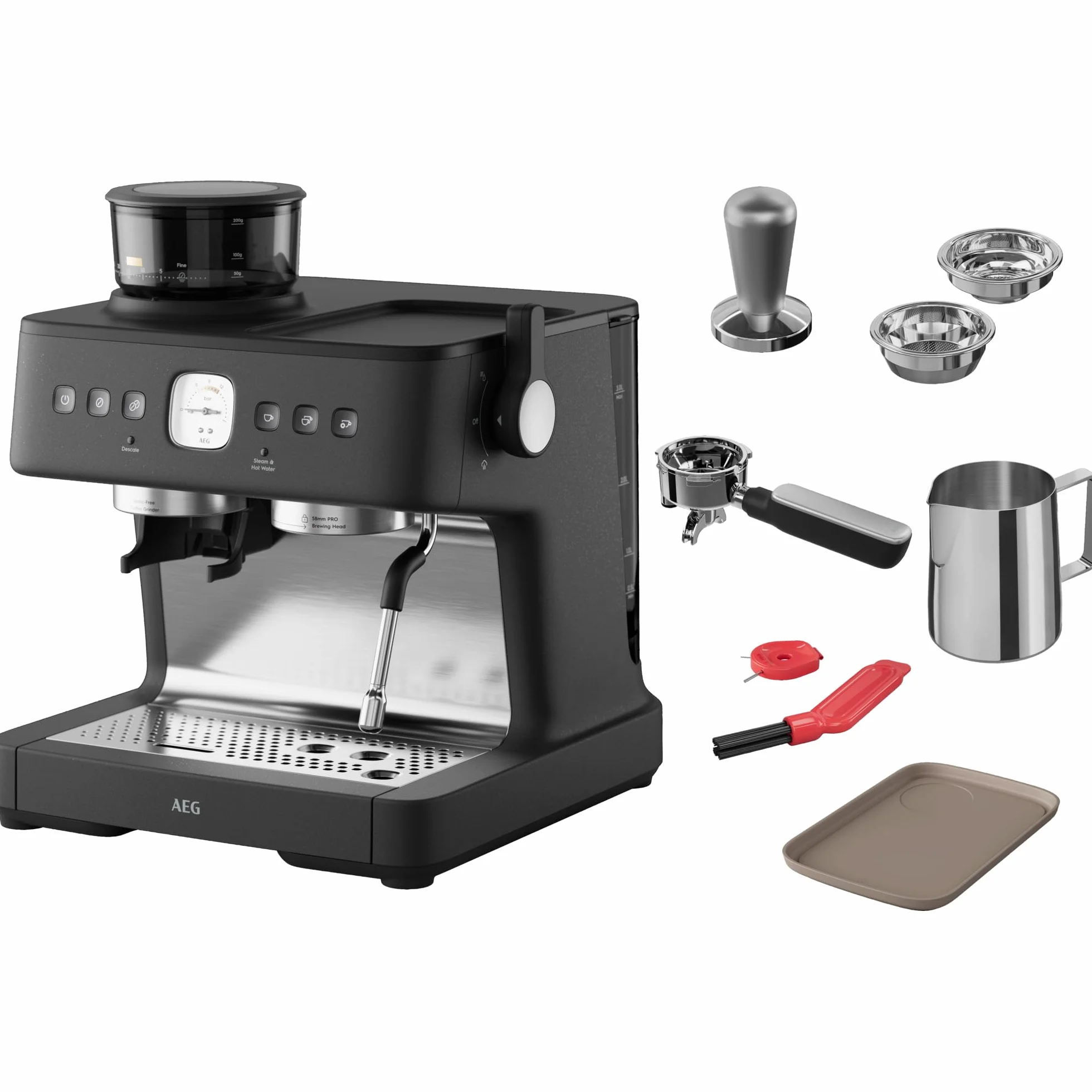 AEG Máquina portafiltros Espresso EC8-1-8BP – Dual Thermoblock, 30 grados de molienda, 20 bares de presión, control de temperatura PID, cabezal de preparación de 58 mm, espumador de leche, calentador