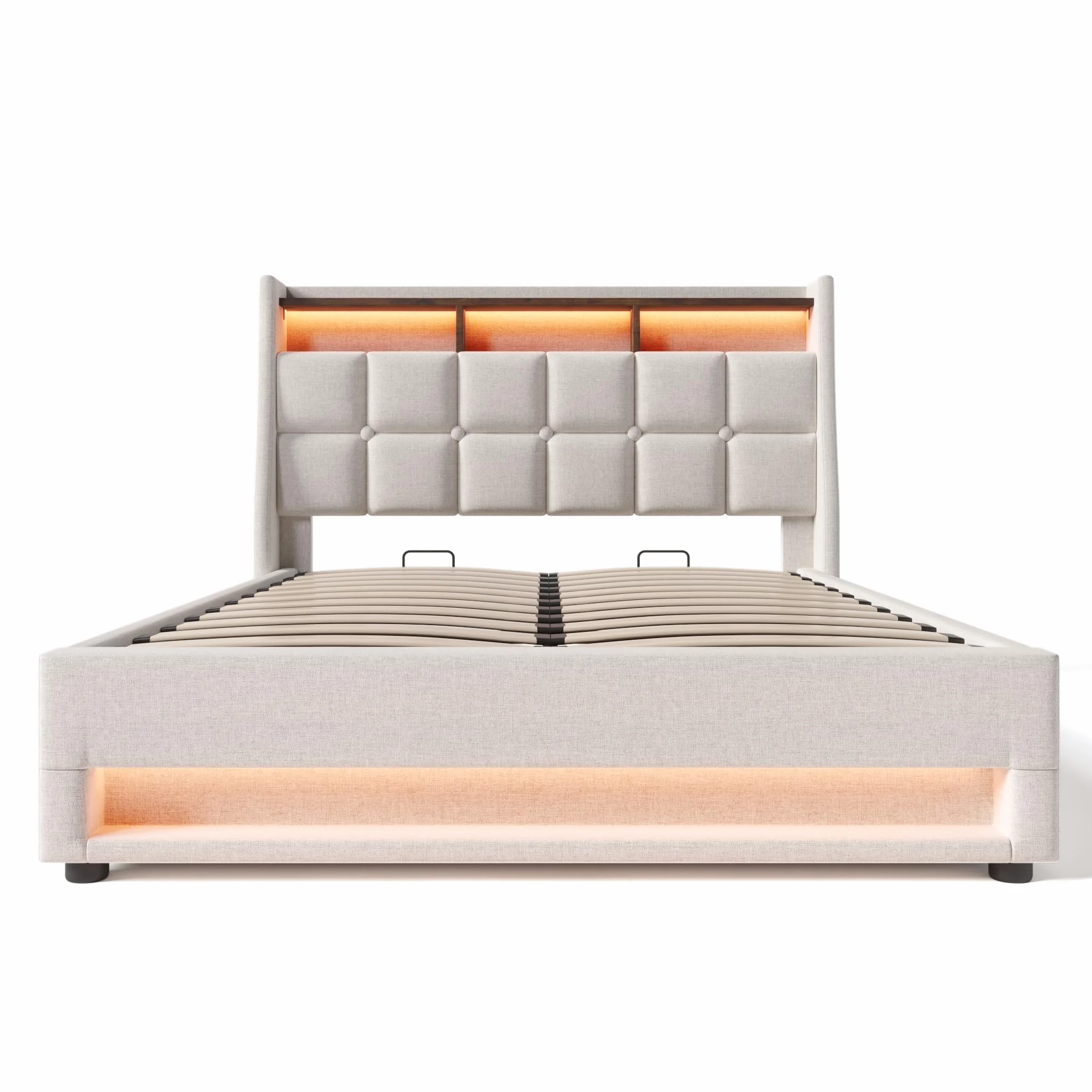 Cama 140x200 cm Cama Matrimonio, Cama Juvenil con Cabecero LED y Carga USB, Camas Matrimoniales con Almacenaje Hidráulico, Estructura Cama Doble con Lamas de Madera, Lino Beige, Sin Colchón