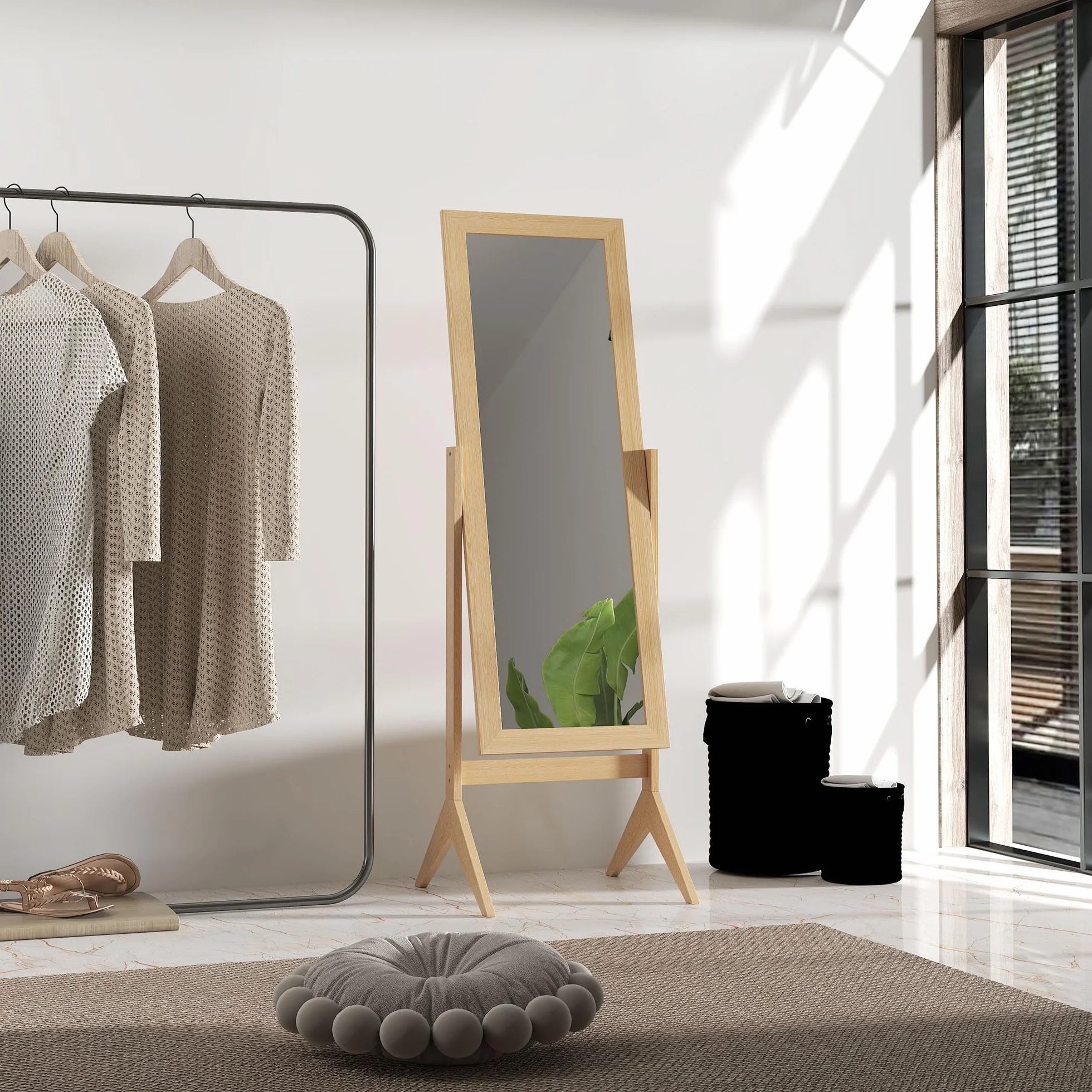 HOMCOM Espejo de Pie Cuerpo Entero Reclinable 47x46x148 cm, Espejo de Cuerpo Entero Independiente con Soporte y Marco Rectangular, para Dormitorio, Salón, Roble