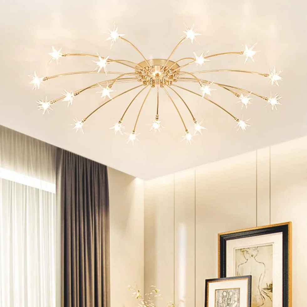 Lámpara de Techo de Salón Lámparas Dorado Restaurante Luz de Techo Dormitorio Led Vidrio Estrella Decor Ligero Plafón Romántico Luces Niños Cocina Candelabro de Techo