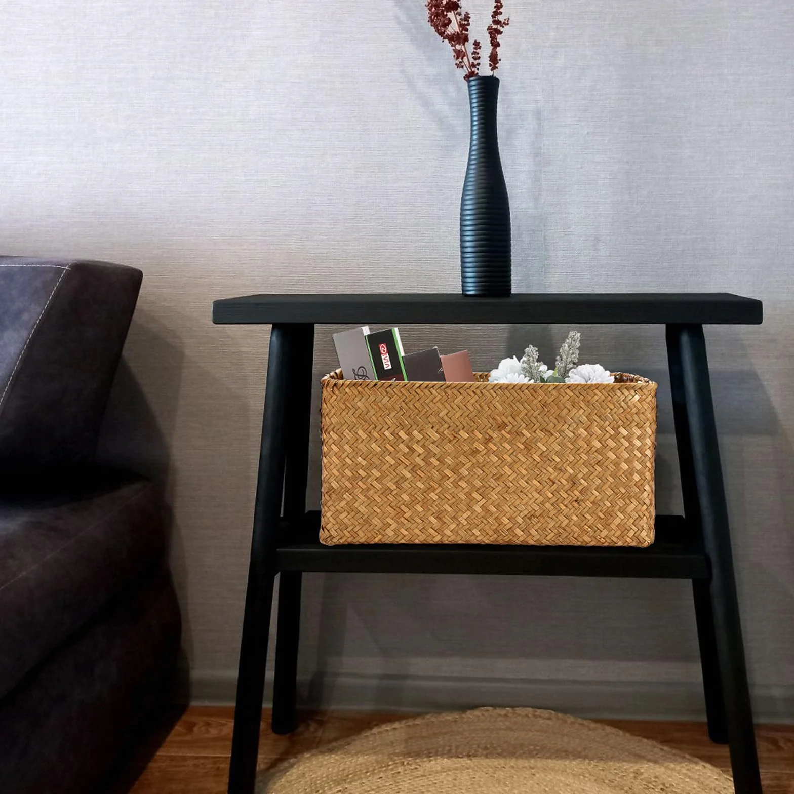 IGNPION Cesta de almacenamiento abierta de mimbre trenzado rectangular para baño, estantes y escritorios, cesta de almacenamiento multiusos (caramelos, grande)