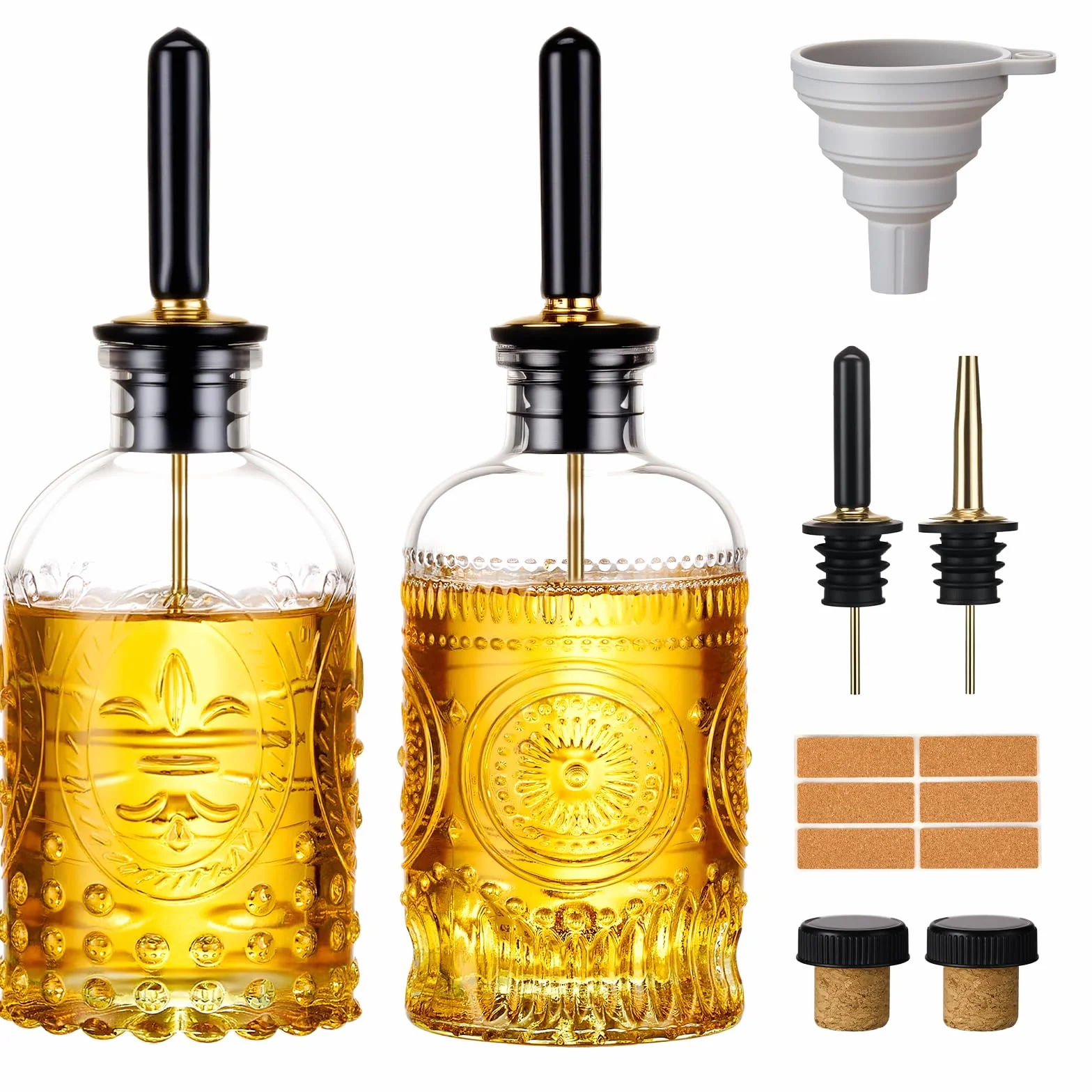 Baalaka Botella dispensadora de aceite de oliva para cocina con boquilla de metal, botellas de aceite de vidrio de 7 onzas, elegante dispensador de aceite de cocina de vidrio para jugo de cocina,