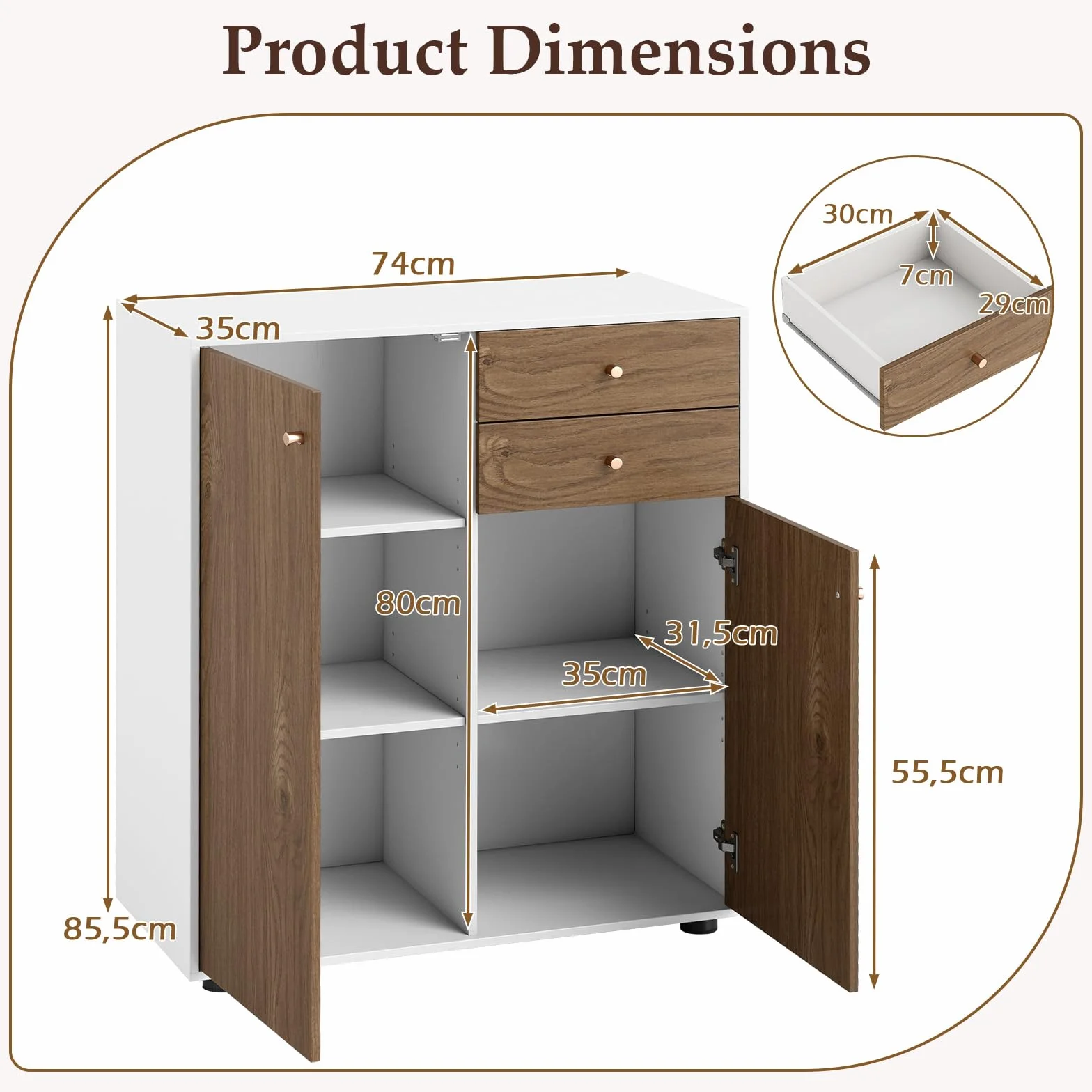 GIANTEX Aparador de Cocina, Armario Buffet con 2 Puertas y 2 Cajones, 3 Estantes Extraíbles y Ajustables, 74 x 35 x 85,5 cm, Mueble de Almacenamiento para Entrada, Salón, Comedor (Natural+Blanco)