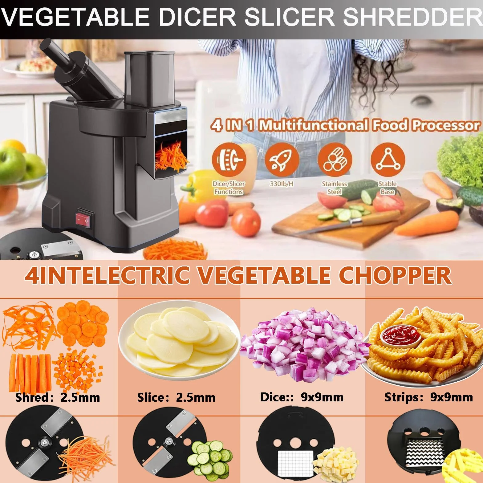 Cortador de Verduras eléctrico 4 en 1 de Uso Profesional, picadora eléctrica de Alimentos Resistente con rebanar, Cortar en Dados, rallar y Cortador de Patatas, Doble Entrada XL
