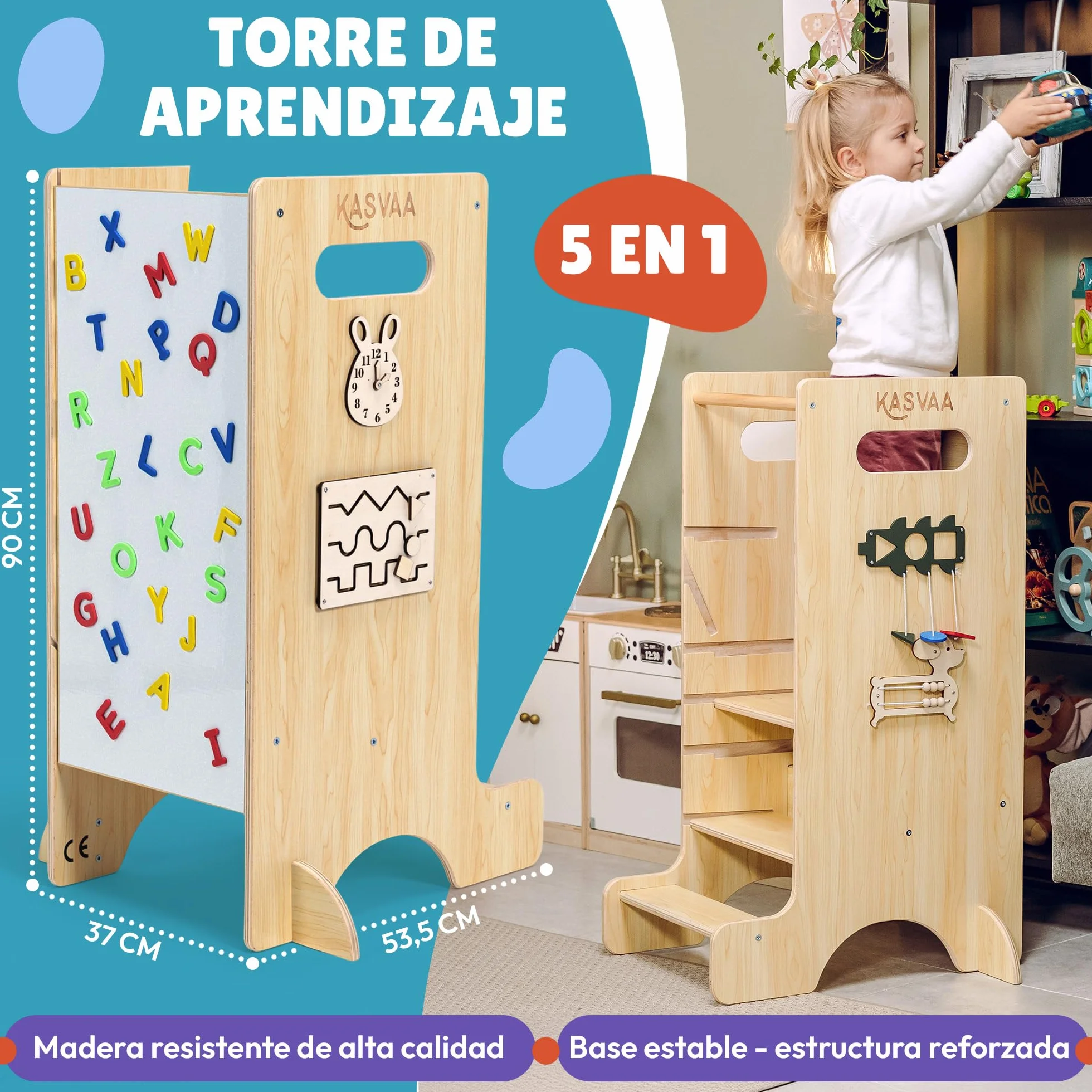 Torre de Aprendizaje Montessori 3 en 1 con Tobogán, Pizarra Magnética y 4 Juegos Laterales – Madera Multicapa, hasta 60 kg