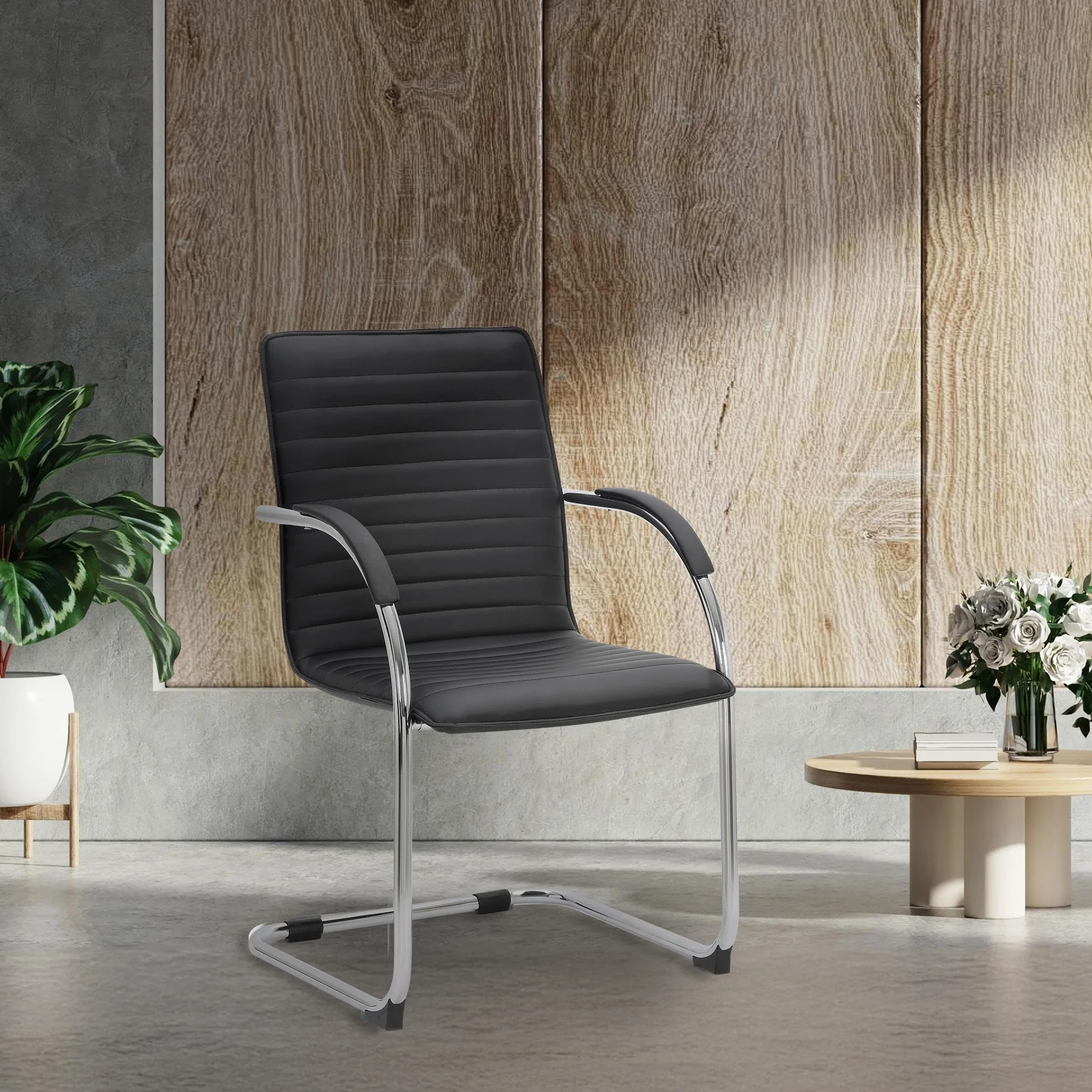 CLP Lote de 2 sillas de Visita Tira Polipiel I Silla basculante con Asiento tapizado, Color:Negro