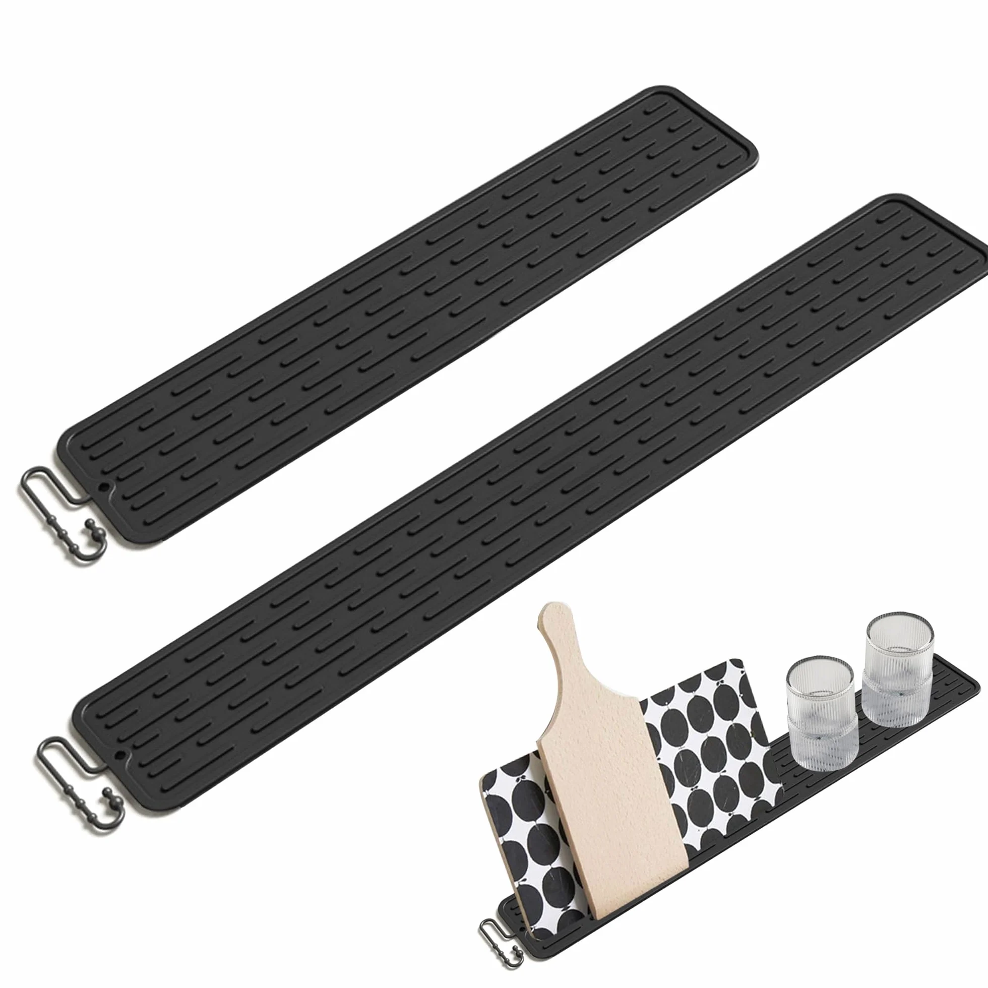 Alfombrilla Escurreplatos Estrecho, 2 Piezas Antideslizante Alfombrilla de Bar, Almohadillas Escurridor de Silicona para Vasos Botellas Tabla de Cortar, Negro
