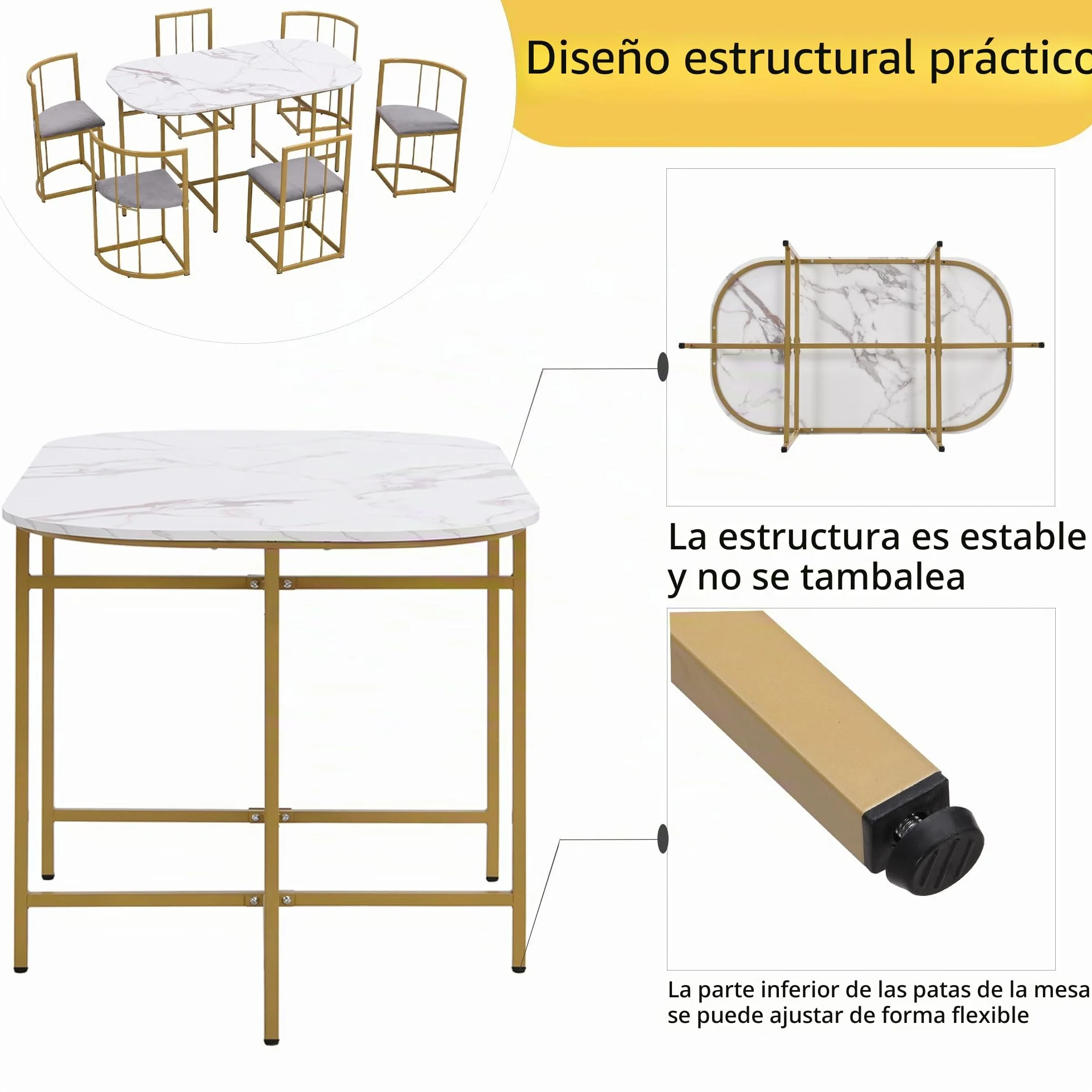 Lexiou Juego de comedor de seis sillas: mesa blanca, estructura de hierro y tapicería gris, combinación moderna