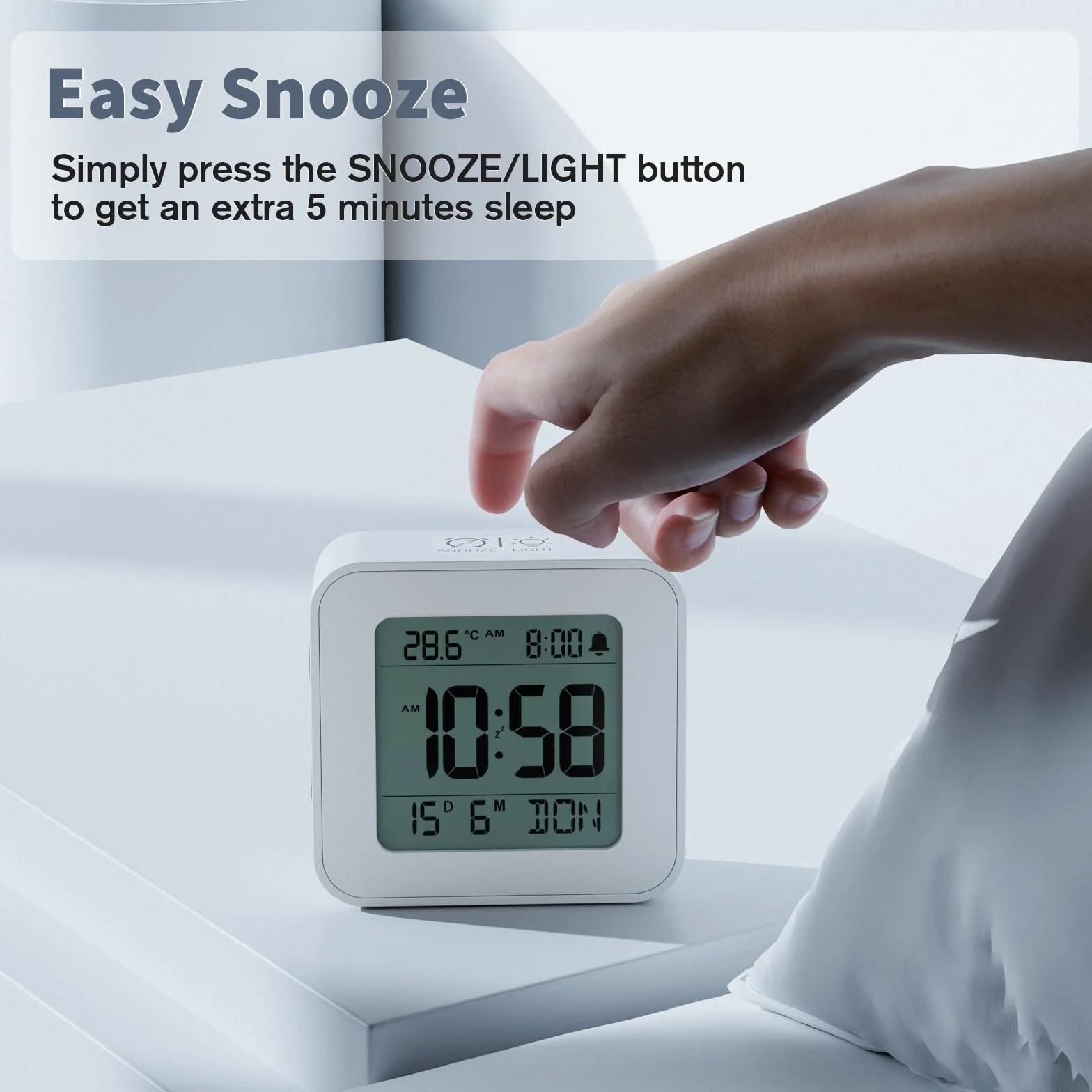 LATEC Reloj Despertador Digital con Temperatura, Retroiluminación, 12/24H, Snooze, Calendario, Pilas Incluidas, Blanco