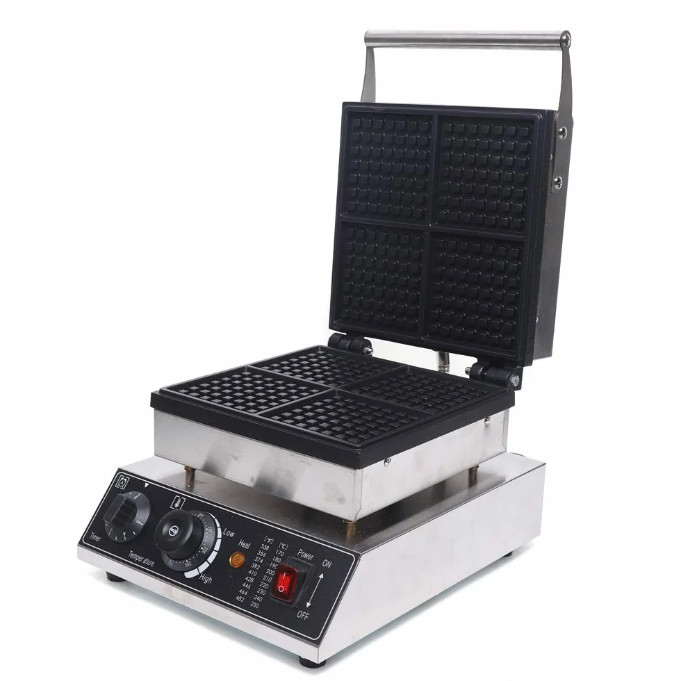 Gofrera profesional para gastronomía belga, 1750 W, con 4 superficies antiadherentes y carcasa de acero inoxidable, temperatura ajustable de 50 a 300 °C