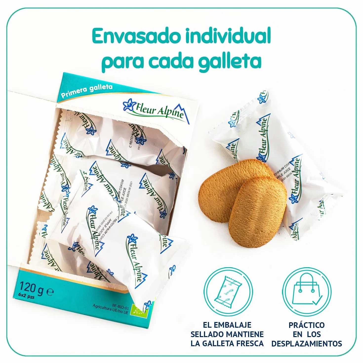FLEUR ALPINE Galletas para Bebés con Jugo de Manzana 12x2 Bocadillos Orgánicos Sin Azúcar Añadida 6 meses