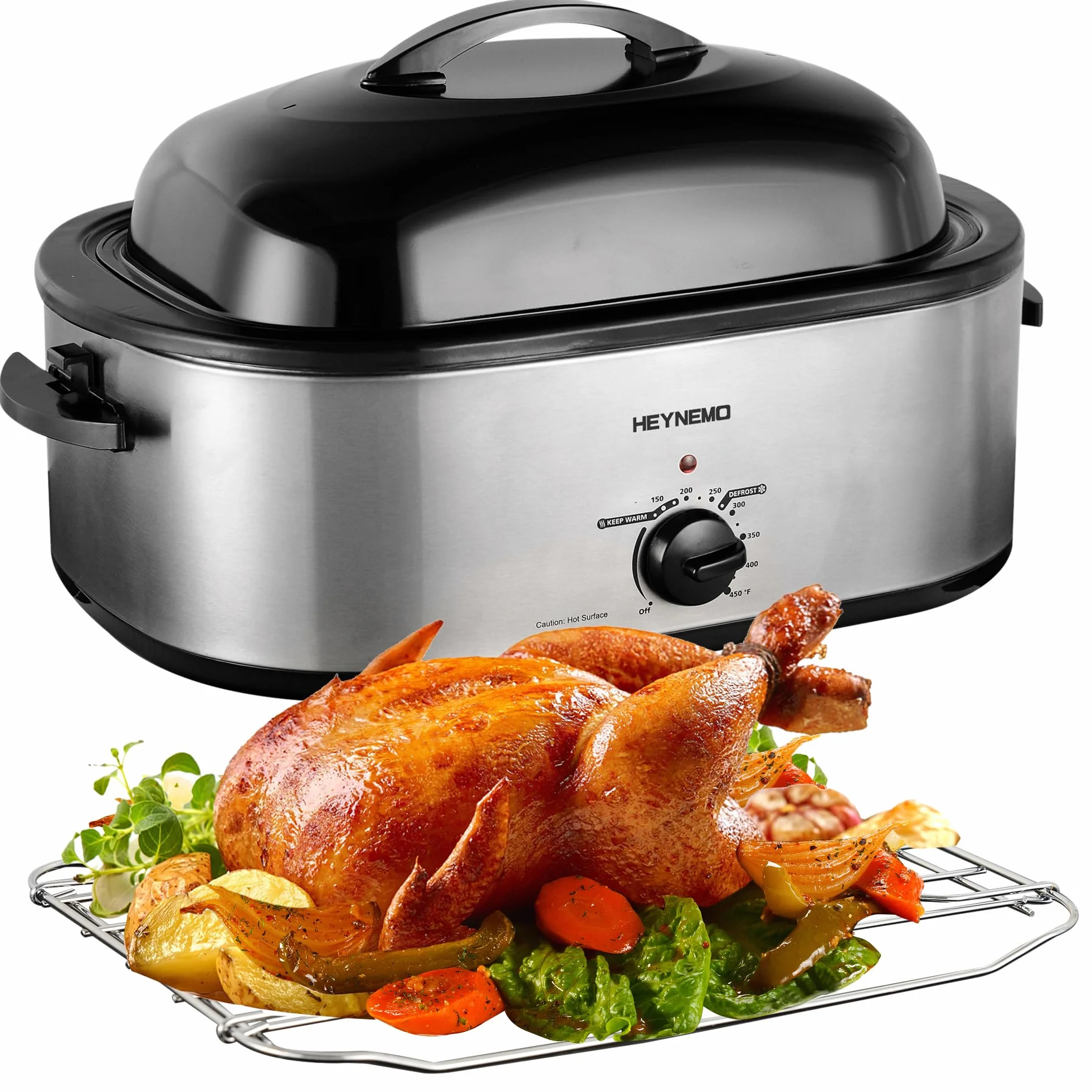 Horno asador eléctrico de 22 cuartos de galón, tostador de pavo con diseño de tapa autoservicio, horno asador eléctrico grande de acero inoxidable para pavos de hasta 26 libras