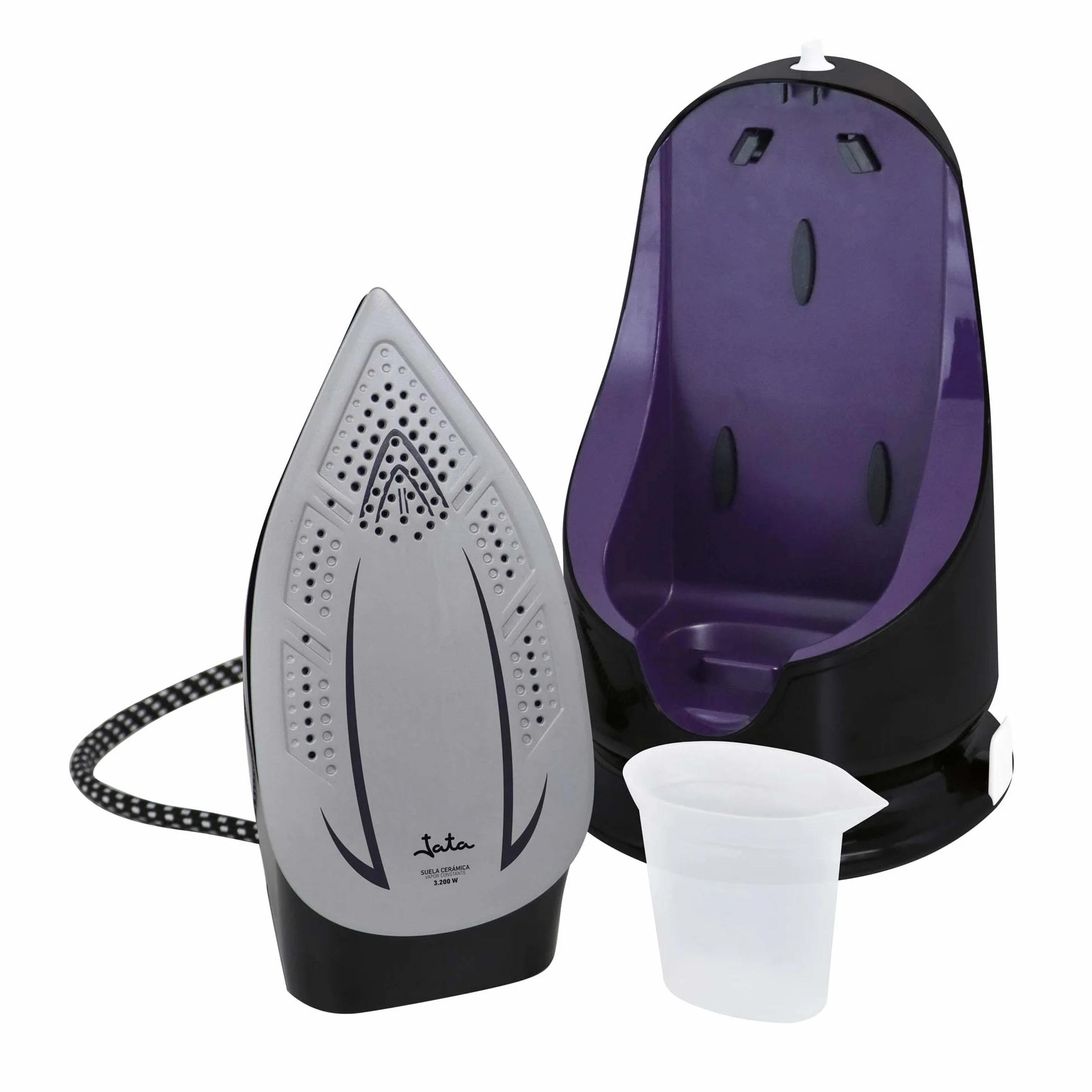 Jata JECP8522 Centro de Planchado, Suela Cerámica, Presión 7 bar, Golpe Vapor 130 g/min, Potencia 3200 W, Planchado Vertical, Depósito Agua 1,7 L, Autoapagado, Incluye vaso 200 ml