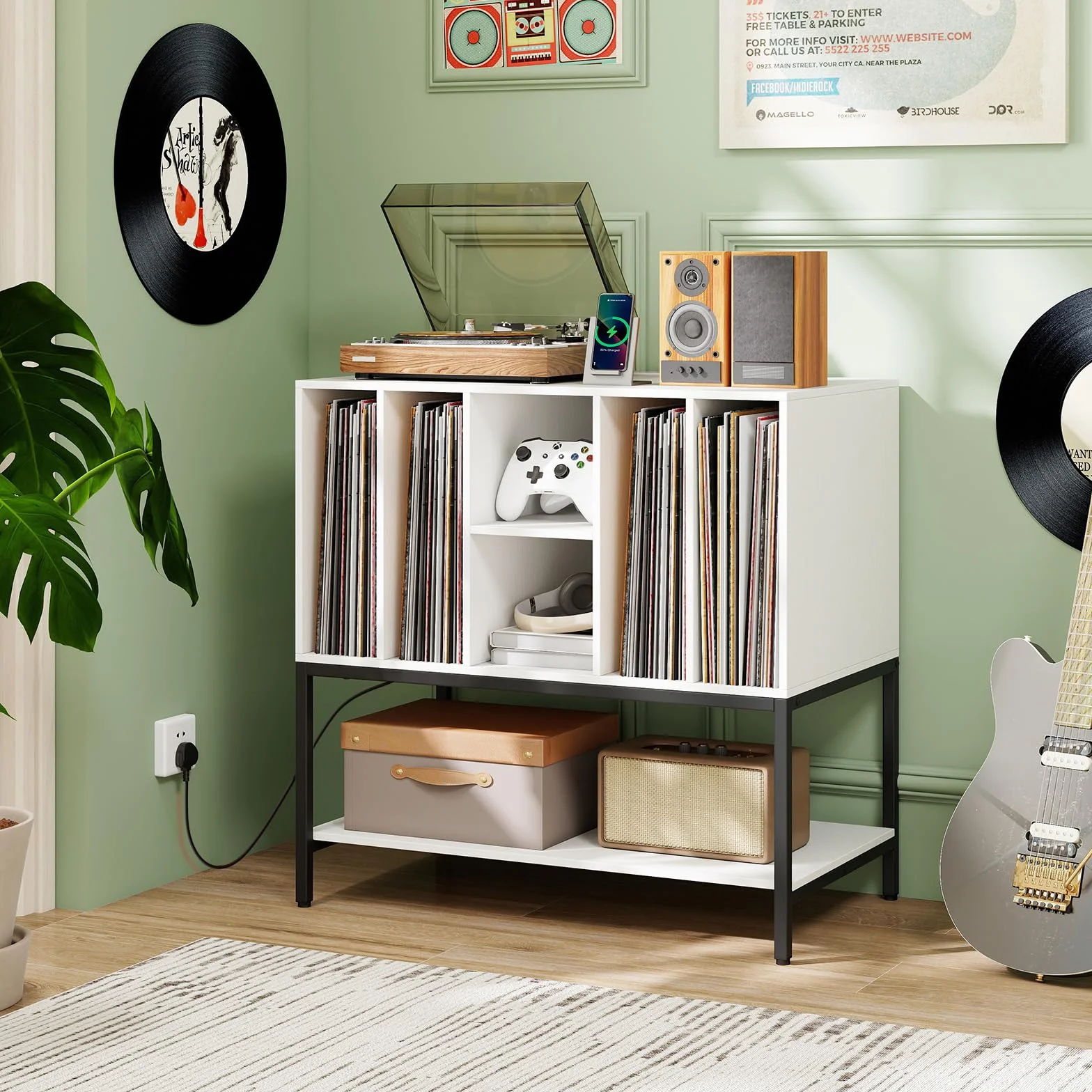 GIANTEX Soporte para Tocadiscos con 6 Compartimentos y Estante Abierto, Armario para Discos de Vinilo, 80 x 45 x 79,5 cm, Blanco