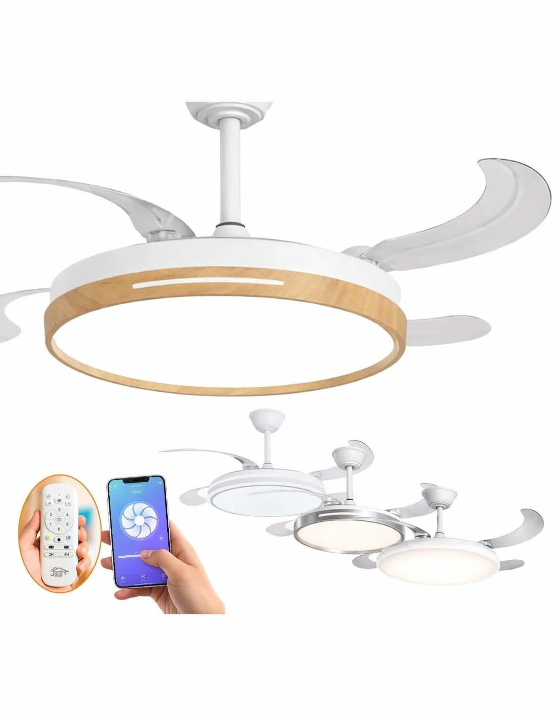JARDIN202 - Ventilador de Techo con Aspas Retráctiles, Motor DC, Temporizador, Luz LED Regulable, Mando a Distancia, 6 Velocidades | 50 cm (Vejer Wifi Madera)